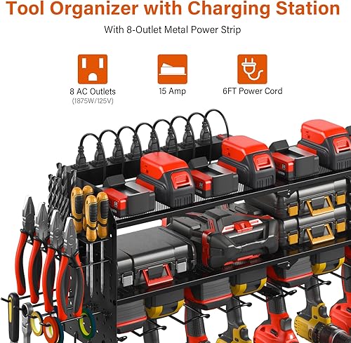 Miniatura 2 de JUNNUJ Organizador grande de herramientas eléctricas con estación de carga, controlador de 8 taladros y soporte de batería para herramientas,