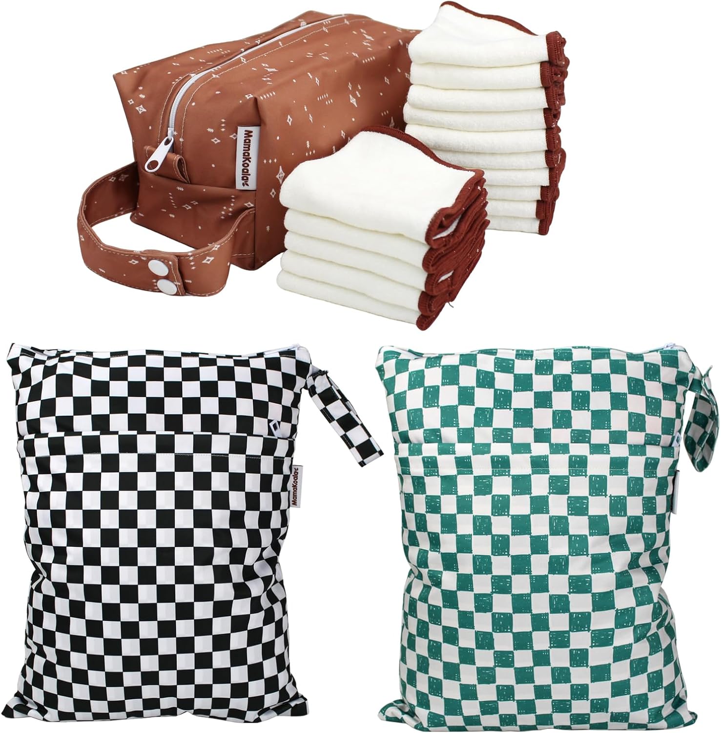 Mama Koala 2 Pack Waterproof Wet Dry Bags,with 15 Pack Washable cloth diaper wipes & 1ps of Waterproof pod