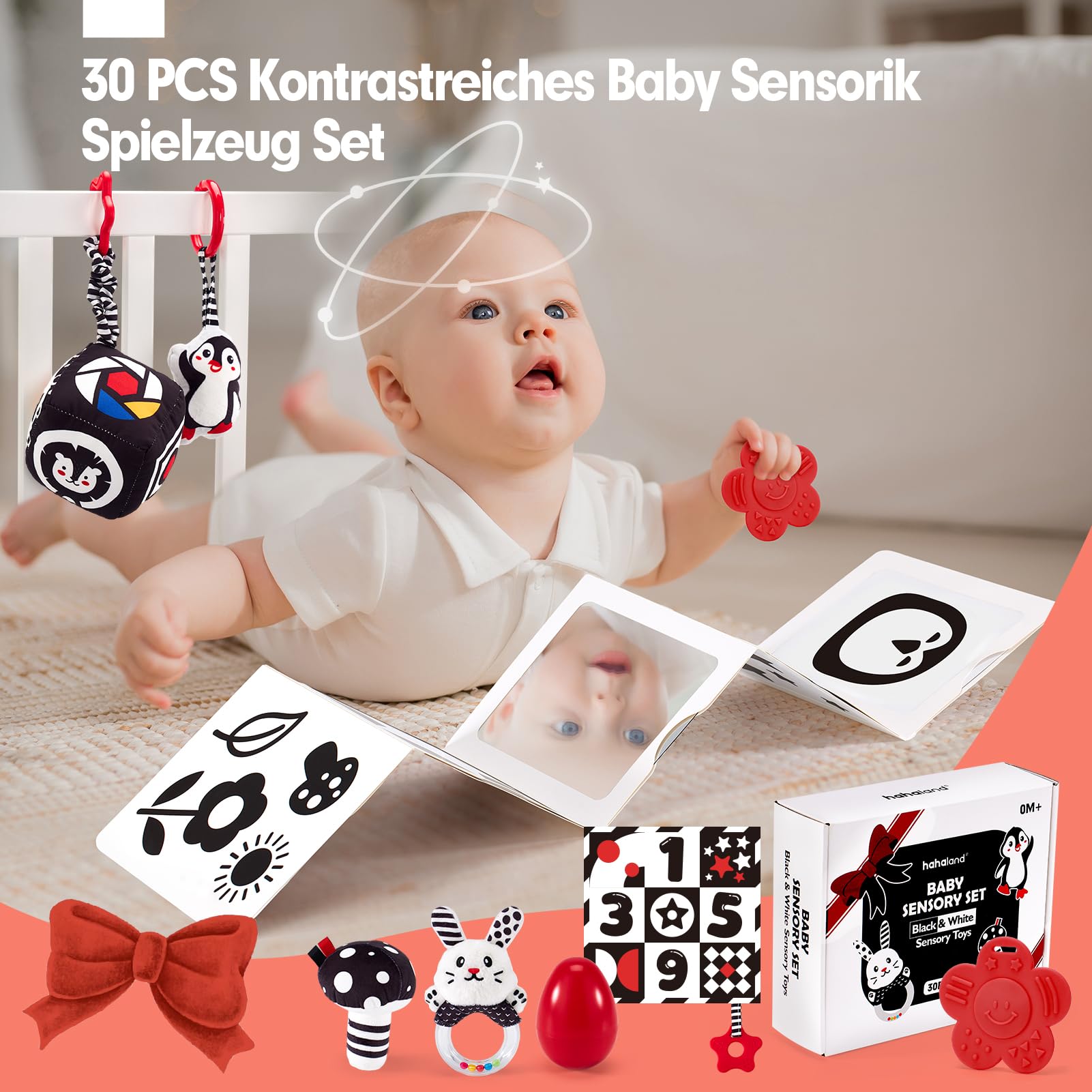 hahaland Baby Spielzeug 0-6 Monate - 30 TLG Schwarz-Weiß Kontrast Lernspielzeug Set, Montessori Sensorik Stoffbuch & Kinderwagen Hängespielzeug, Gehirnentwicklung Geschenk für 0 3 6 12 Monate