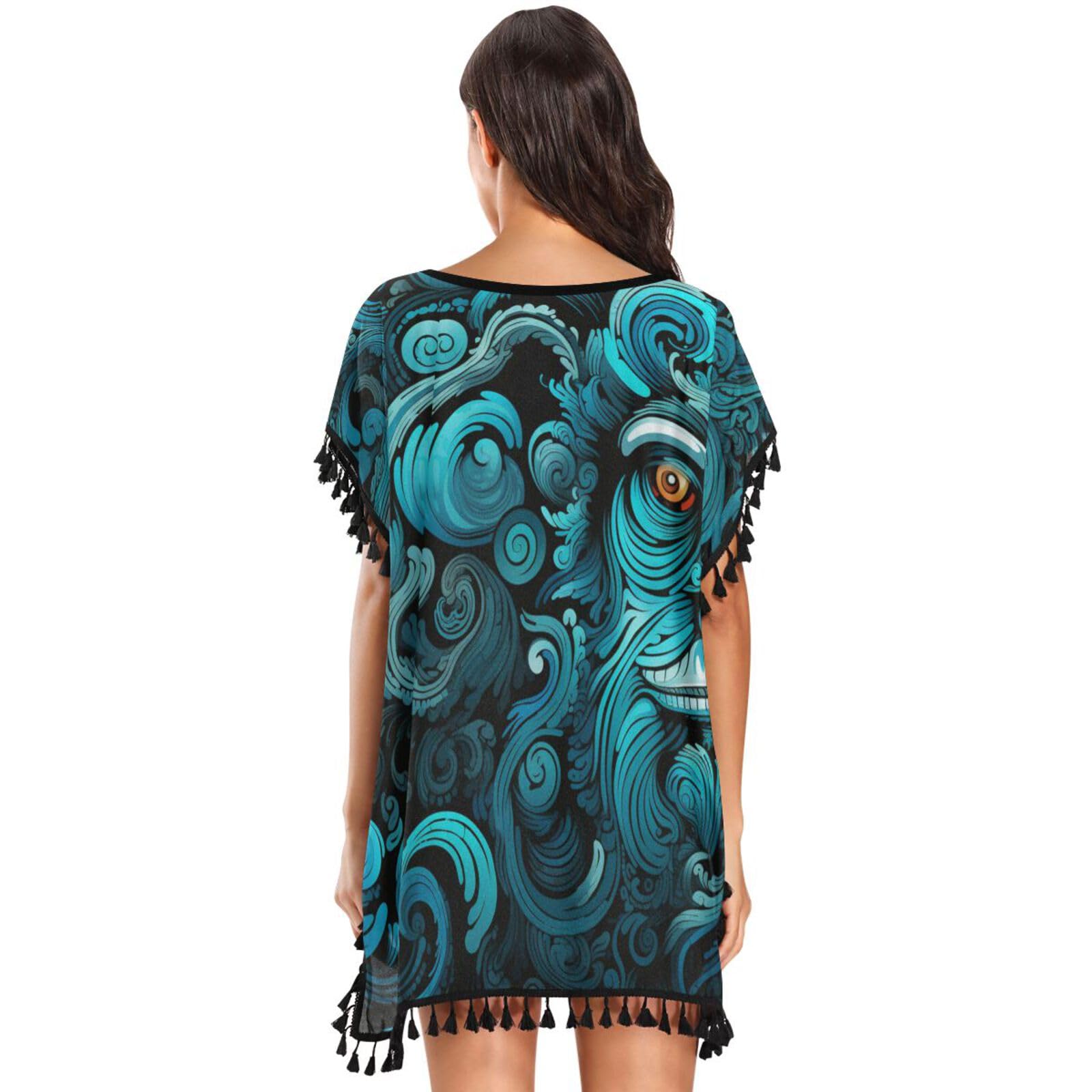 Abstract Art Blue Monkey Women's Beach Cover Up Chiffon Tassel Swimwear Swimsuit Coverups for Girl