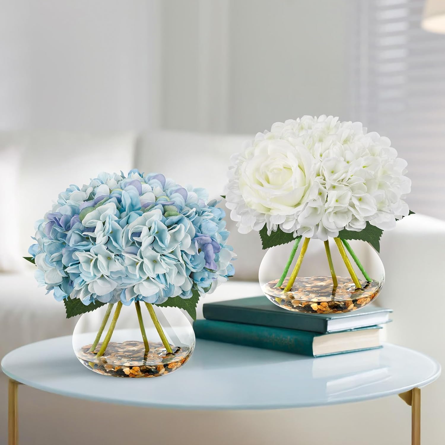 N&T NIETING Artificial Hydrangea Flowers with Vase Blue Silk Fake Flowers Faux Hydrangea Flowers with Faux Water Riverstones for Home Office Table Room Wedding Centerpiece Decorations - Image 8