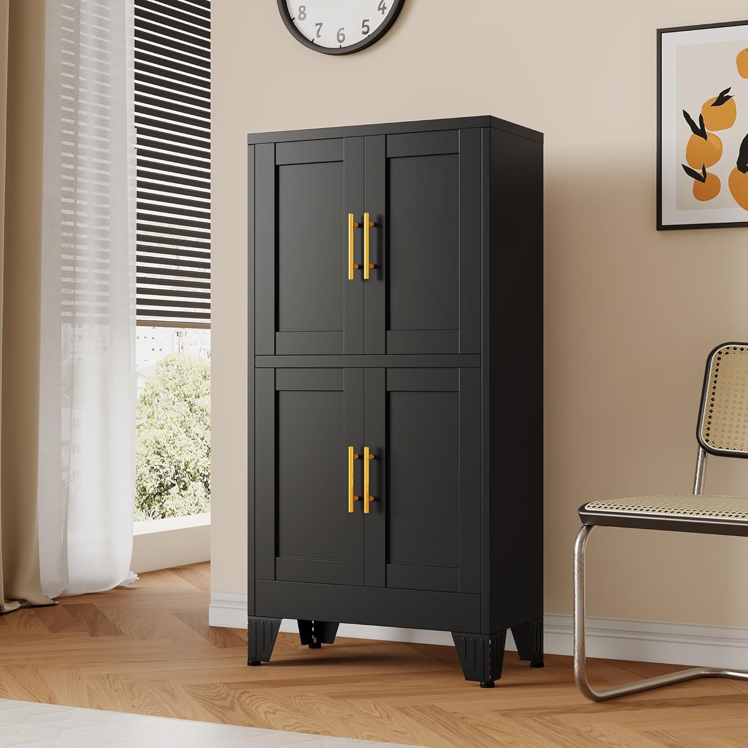 Metal Bathroom Storage Cabinet,Freestanding Bathroom Cabinet with 4 Doors and Adjustable Shelves,Bathroom Storage Organizer Unit,Floor Cupboard for Laundry Room,Kitchen, Living Room, Entryway（Black）