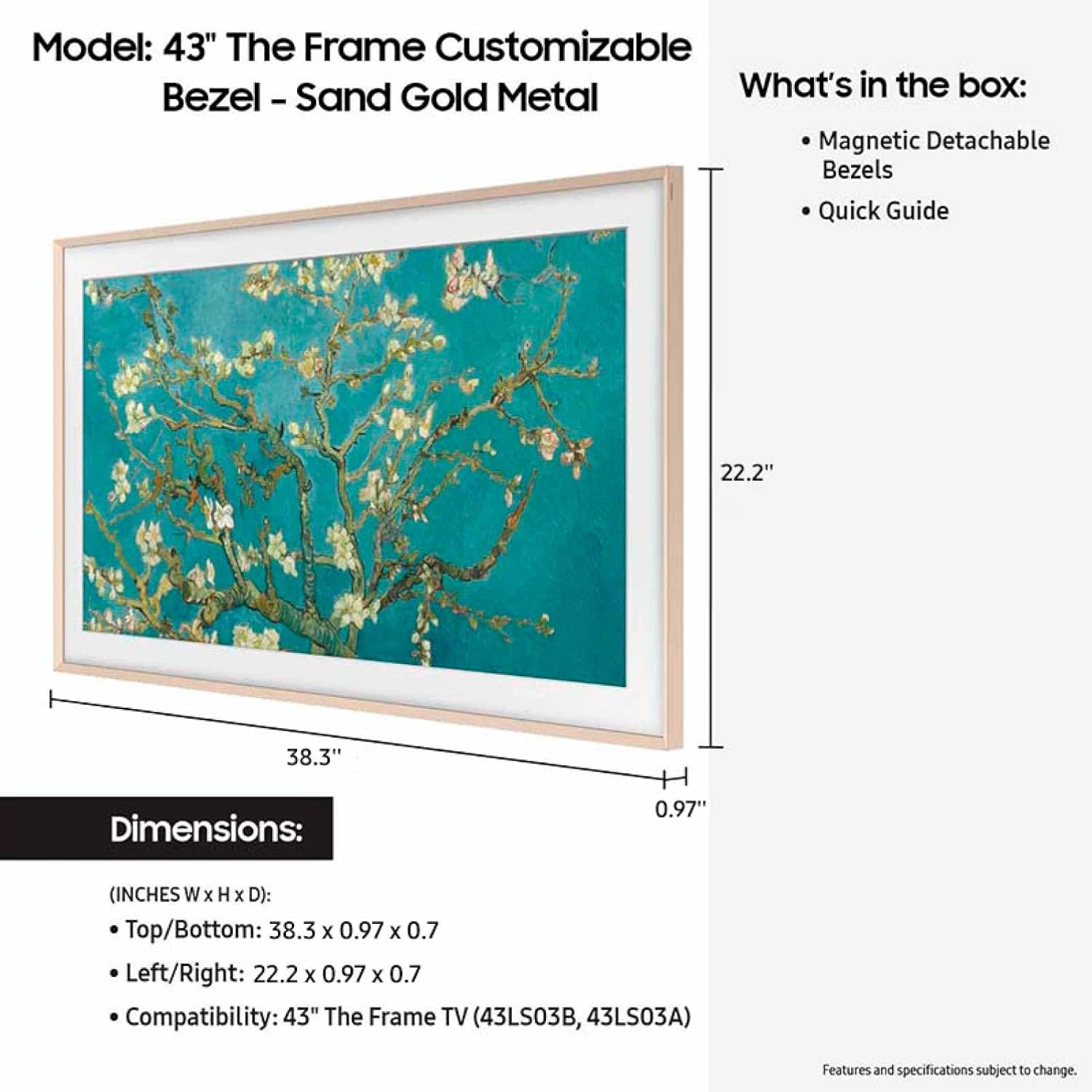 Samsung 43” The Frame TV Customizable Bezel, Magnetic, Quick and Easy Installation, VG-SCFC43SGMZA, 2023, Sand Gold Metal