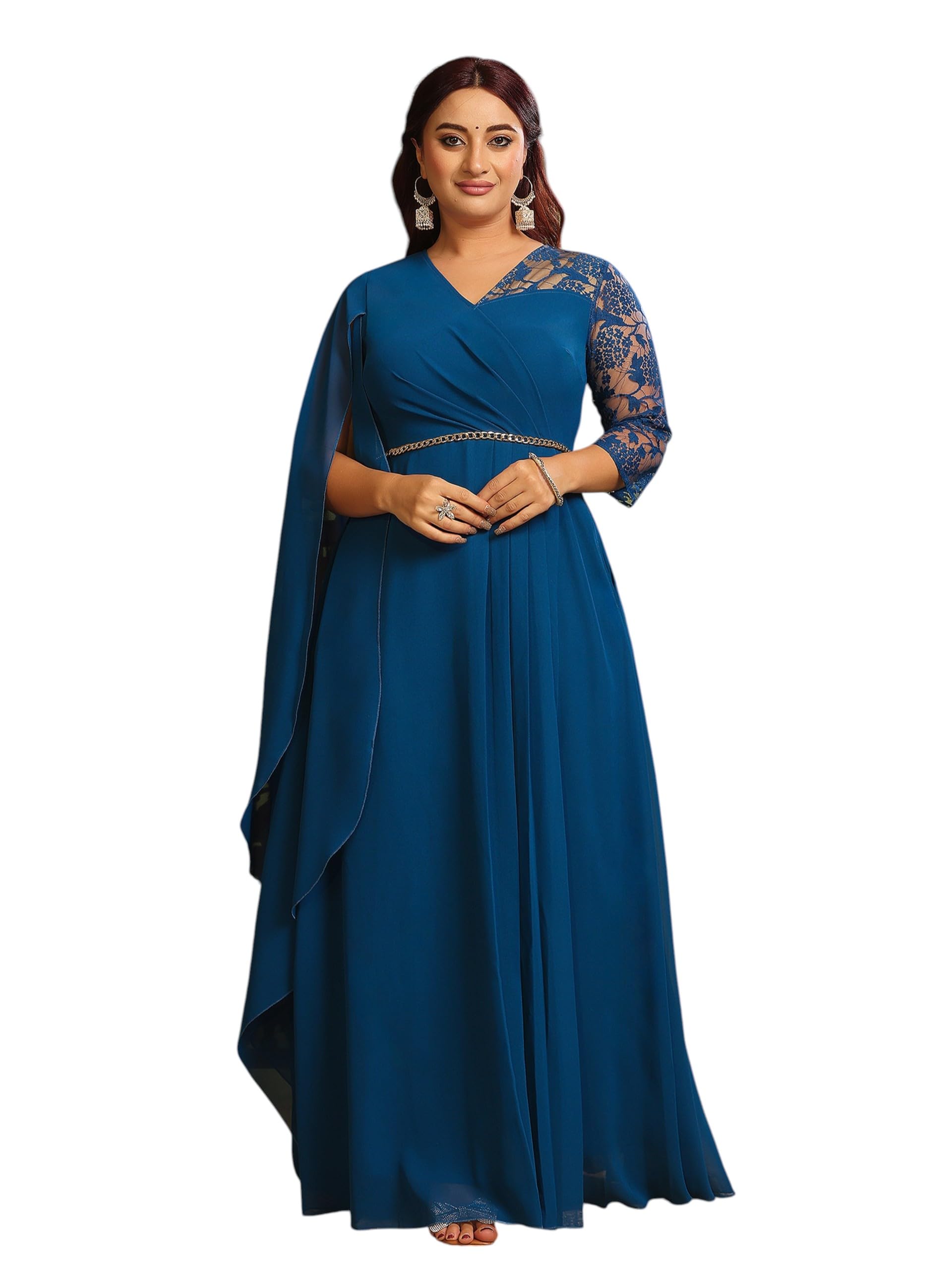 miss chase a+ Women's Self-Designed Relaxed Fit V-Neck 3/4th Sleeve Georgette and Lace Maxi Dress-picture-52