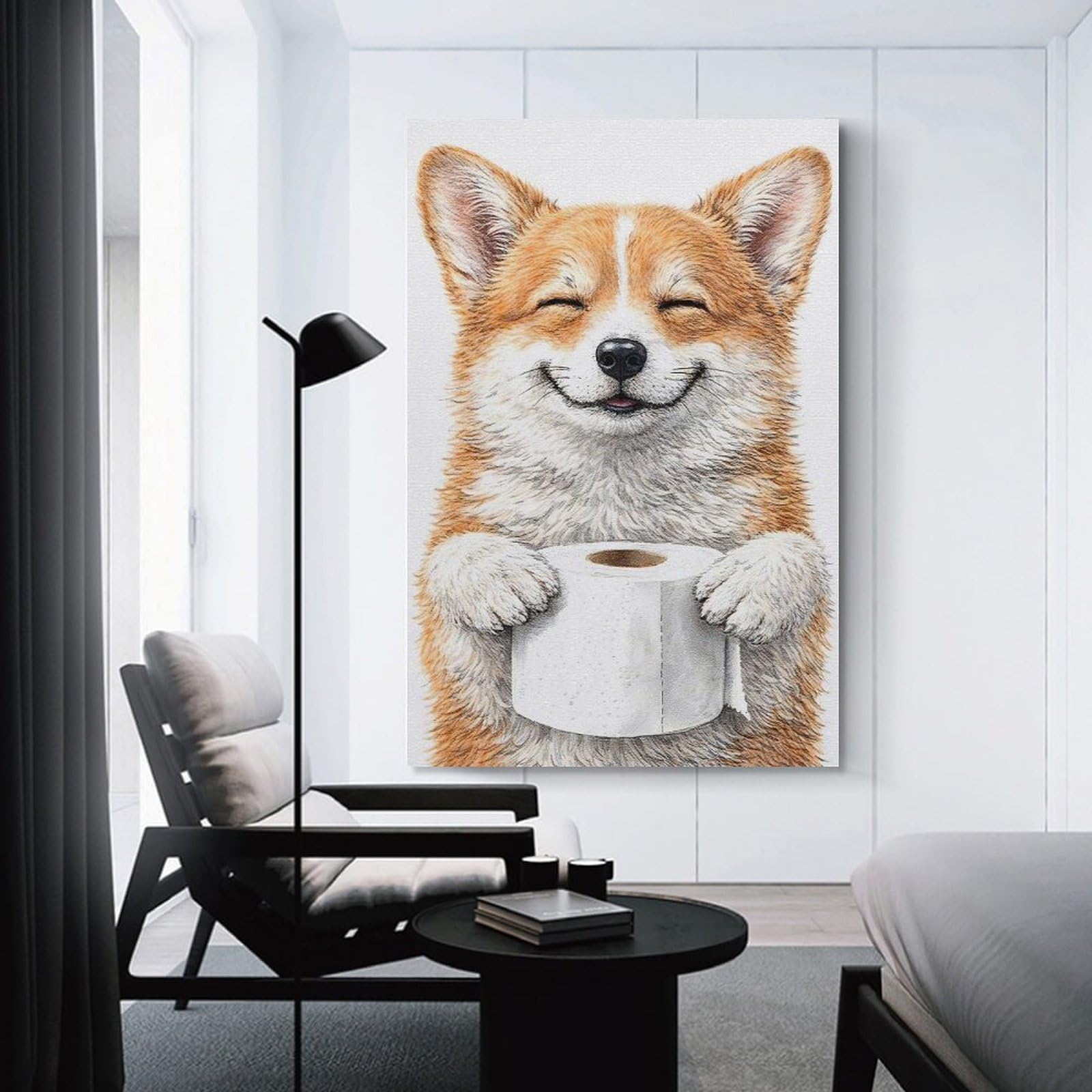 Junmoney Unframe-Style-2 Happy Corgi Holding Toilet Paper Wall Art Print, 24X36inch(60X90cm), For Corridors, Hallways Or Apartment Entries, Wall Decor To Refresh Empty Corners