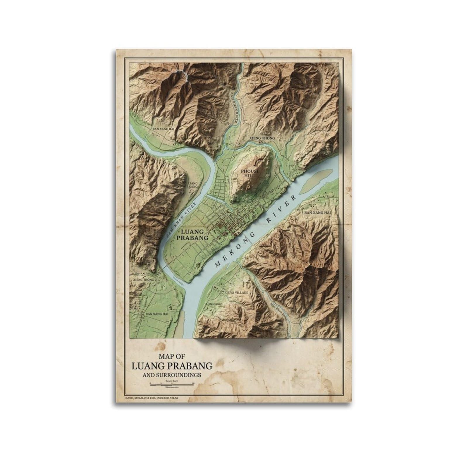 Okngb Unframe-Style 2D Laos Luang Prabang Terrain Map Poster Poster Decorative Painting Canvas Wall Posters And Art Picture Print Modern Family Bedroom Decor Posters 24X36inch(60X90cm)