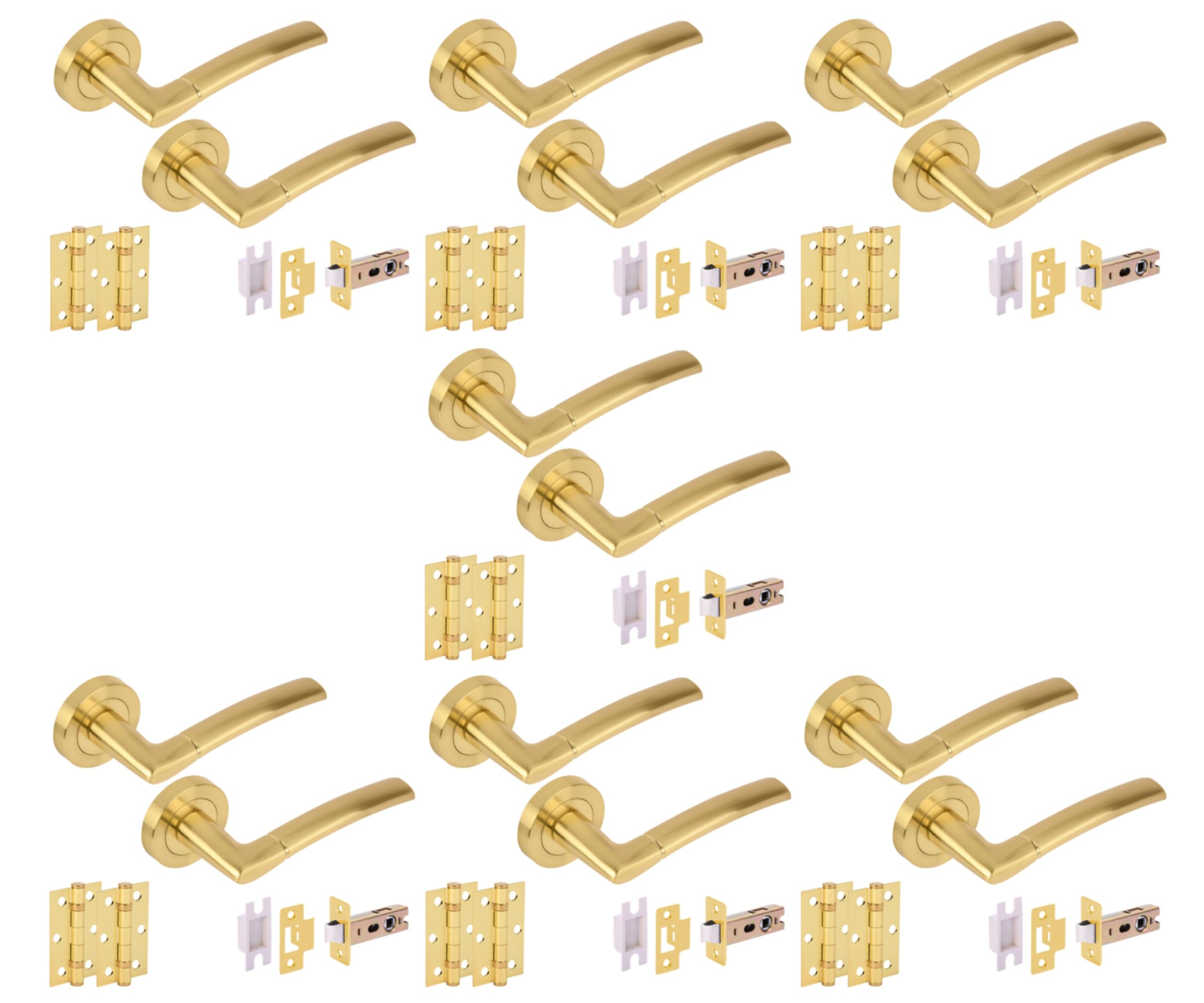 Hunta HANDLEZONE® 7 Sets Neemo Internal Door Handles on Rose Lever Latch Packs with Ball Bearing Hinges - Brushed Brass