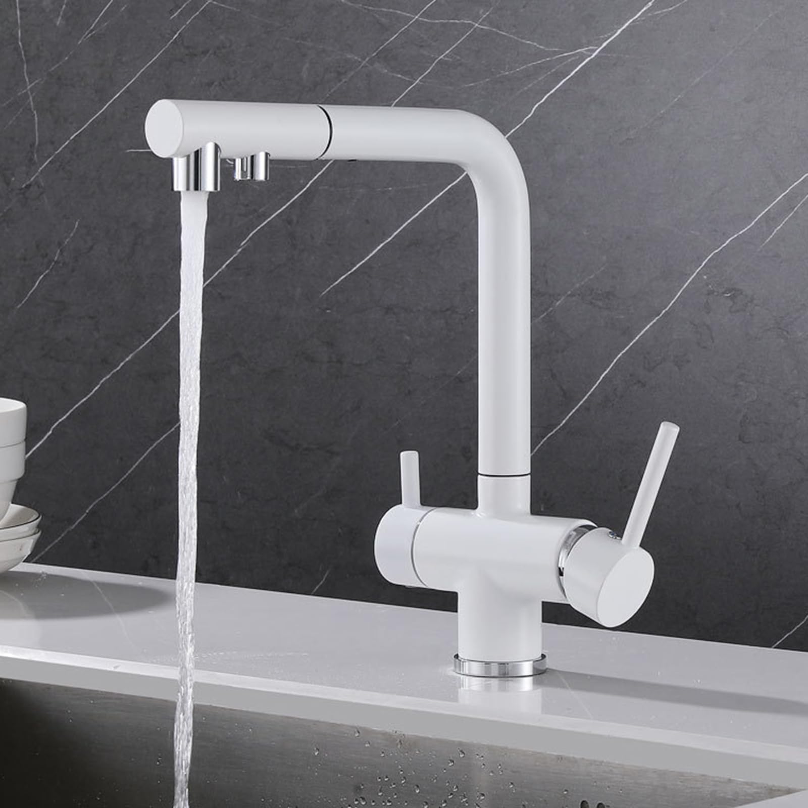 Grifo de Cocina Osmosis 3 Vias Extraible Giratorio 2 Modos Multifunción Grifo Cocina 3 Vias-Blanco