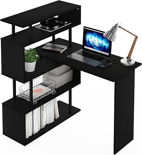 Miniatura 76 de Furinno Abbott - Escritorio para computadora en forma de L con estantería de tubos de acero inoxidable, americano/cromado 2-Roble