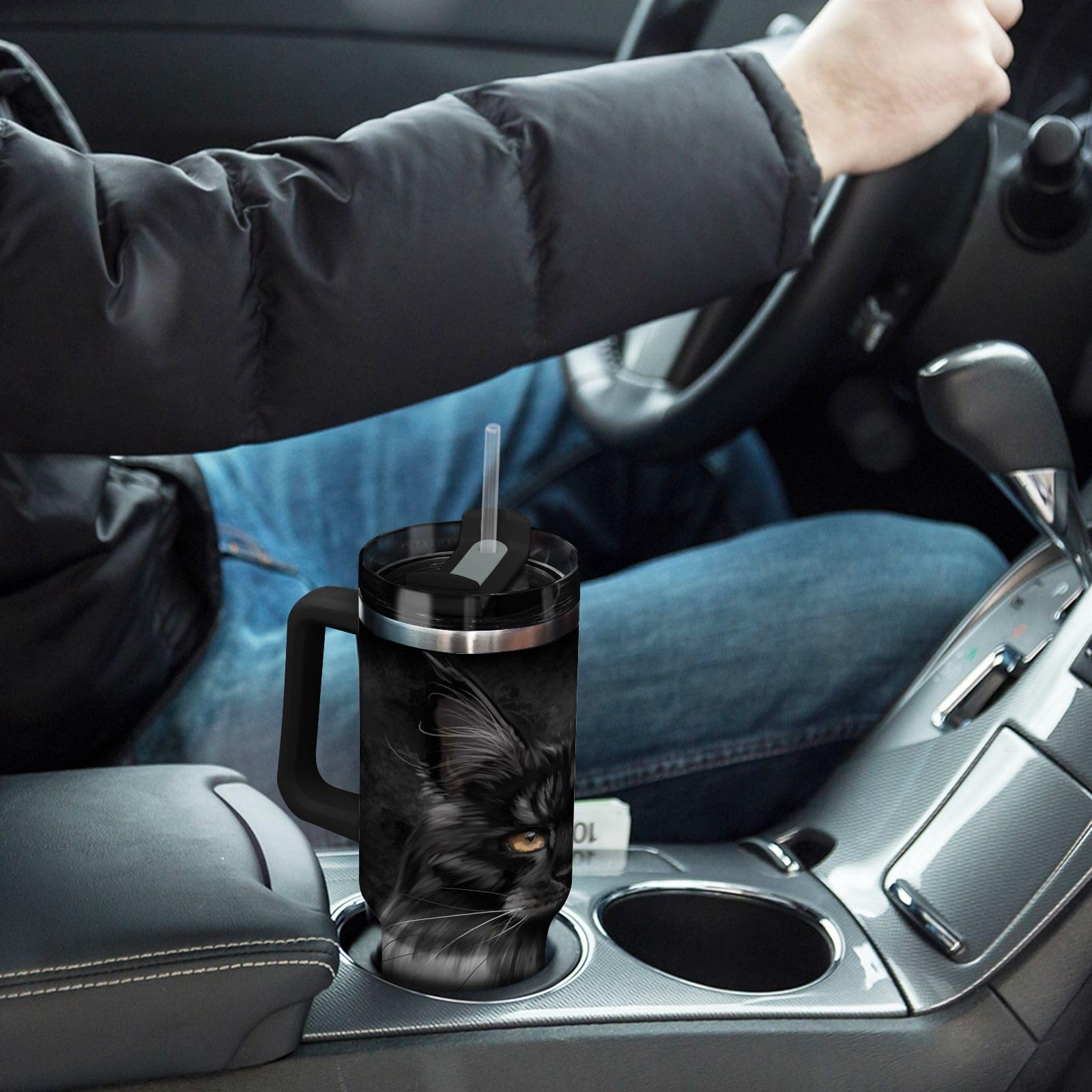 Isolierter Trinkbecher, schwarz, Maine Coon Katze, doppelwandig, Edelstahl, Wasserflasche, Kaffeetasse, Reisebecher mit Griff, Strohhalm-Deckel
