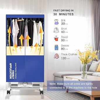 Kiseely Clothes Dryer, Portable Drying Machine with Timer, 60inch Laundry Drying Wardrobe with Large Capacity, Electric Dryer/Rack for Home | Appartments (Blue FN8) [Energy Class A]