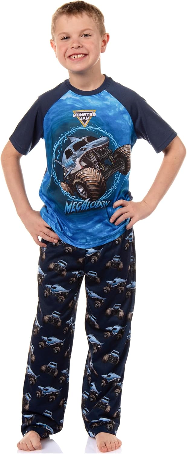 Monster Jam Boys' Megalodon Predator Truck 2 Piece Sleep Short Sleeve T-Shirt Pajama Pant Lounge Set