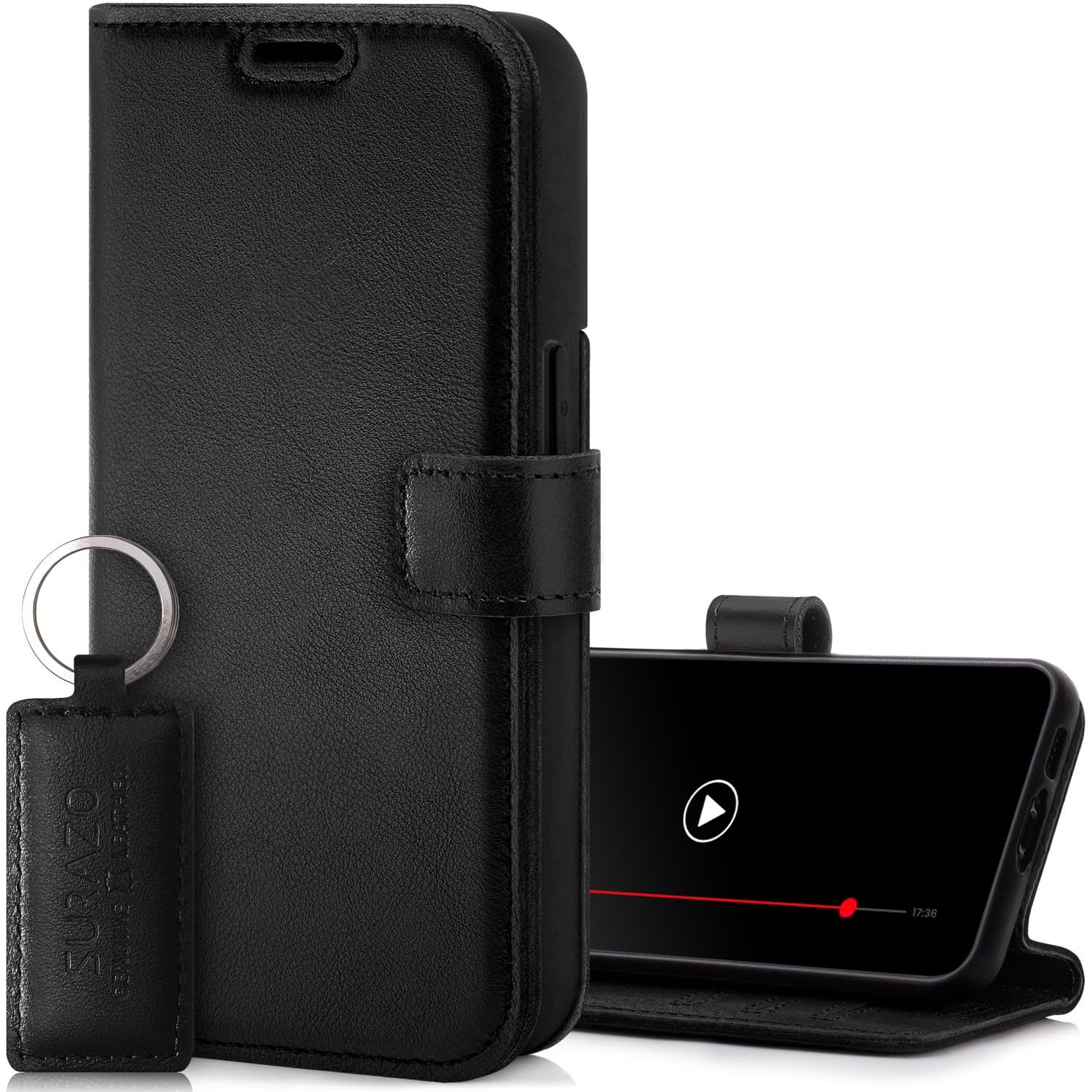 SURAZO Leather Wallet Mobile Phone Case Compatible with Apple iPhone 15, Flip & Fold Smartphone Case with Stand, RFID Blocker
