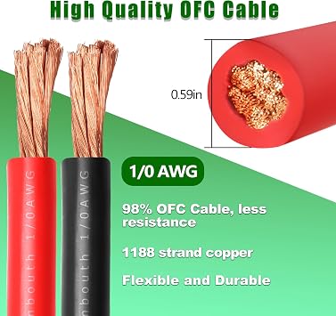 1/0 Gauge Battery Cable Copper Wire, 3FT Red + 3FT Black