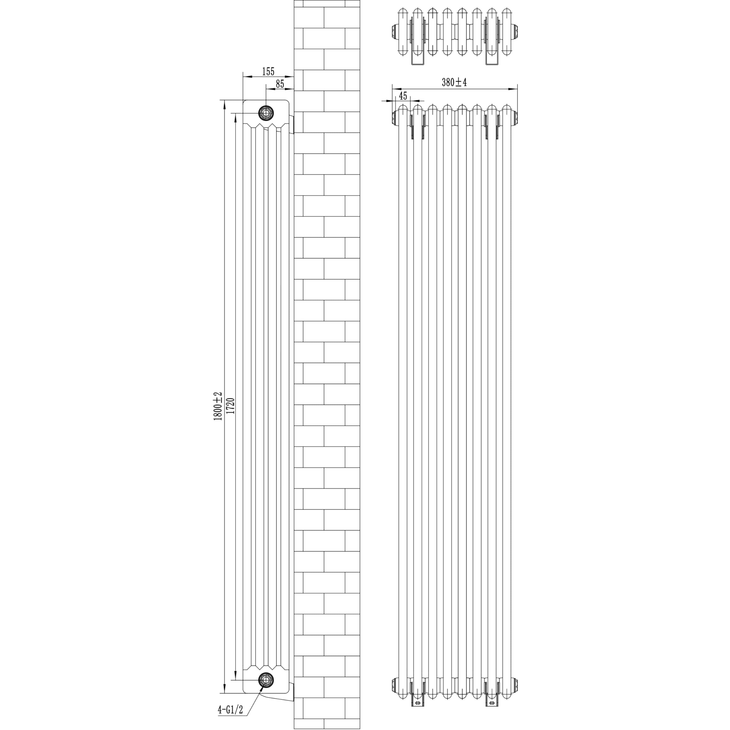 Radiatore Tradizionale a 4 Colonne 1800 x 380 mm Verticale Acciaio al Carbonio Riscaldamento Centrale Design Classico Antracite con Kit Fissaggio e Spazzola Pulizia