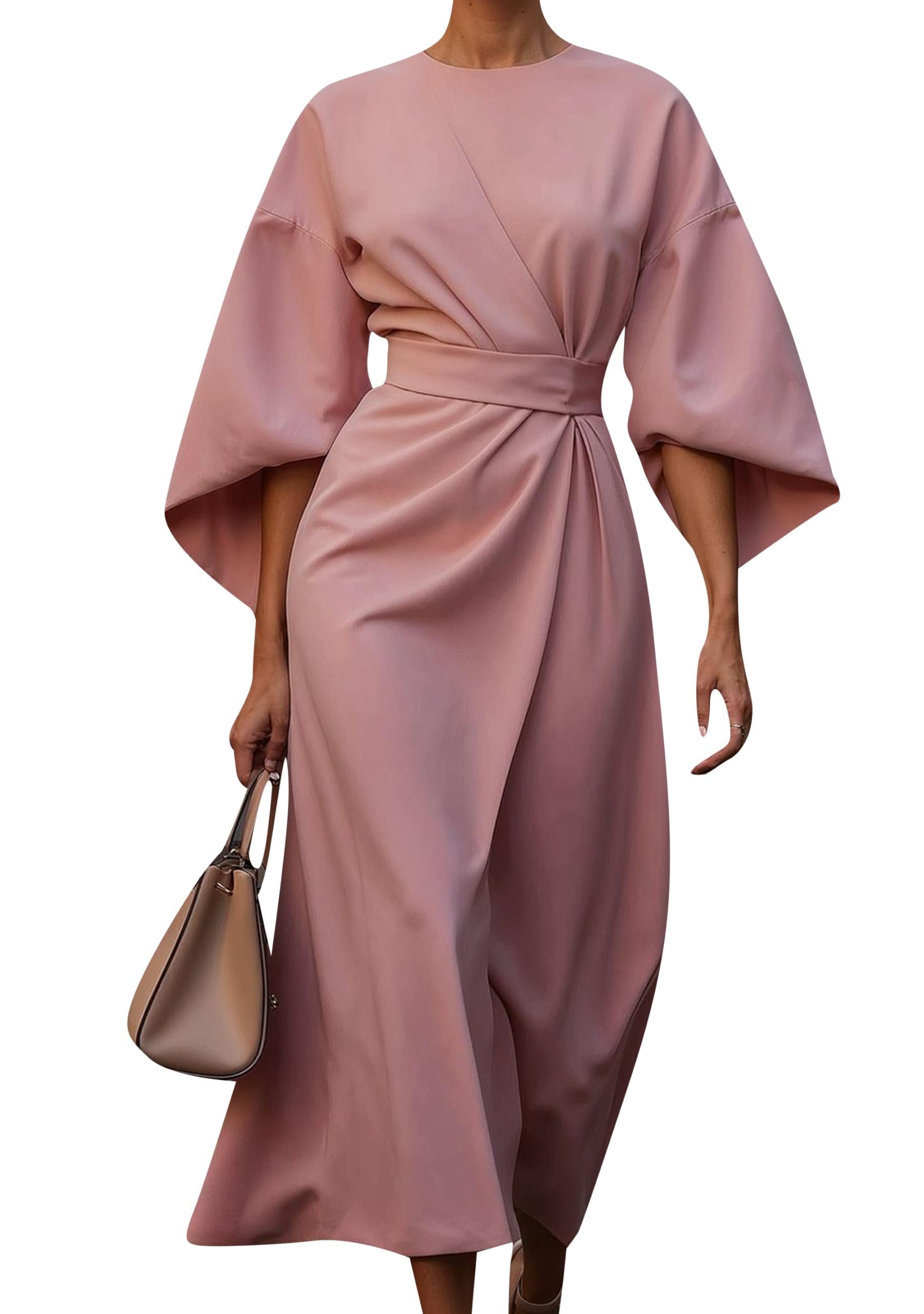 Ladies Bat Sleeve Elegant Casual Dress Wrap Waist Round Neck Midi Dress Trendy Wedding Guest Dresses