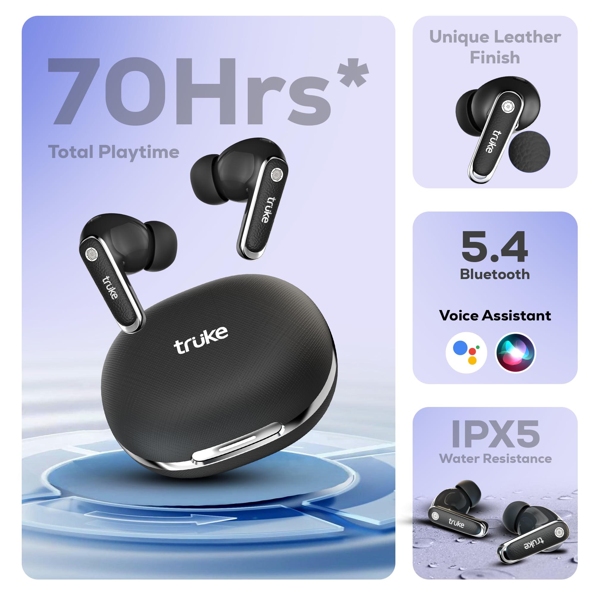 truke New Launch Mega 12 True Wireless in Ear Earbuds W/ 24-Bit Spatial Audio, Premium Leather Textured Design, 70H Playtime Fast Charge Buds, 13mm Drivers TWS, Low Latency, ENC (Ash Black) — Amazon image 7