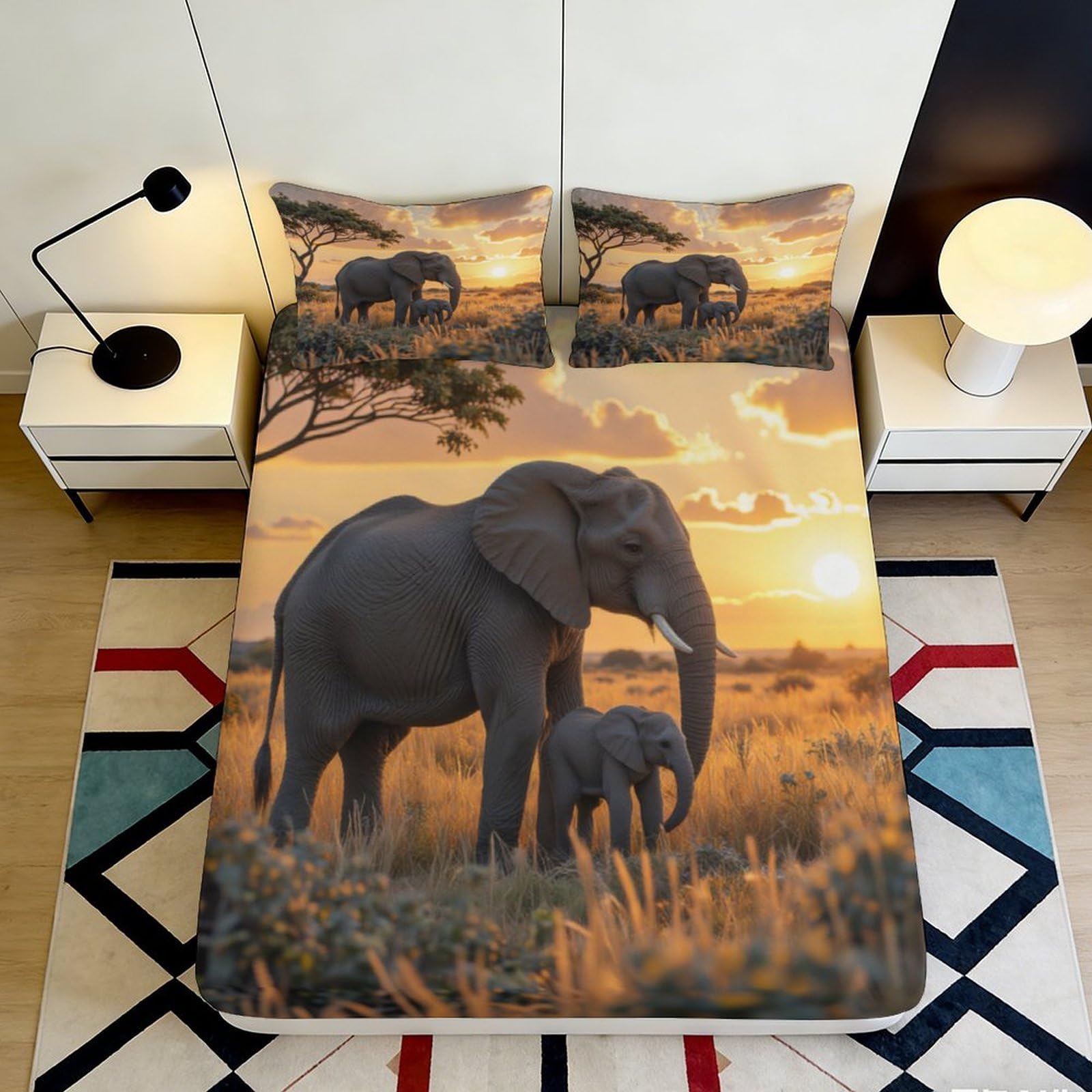 3D Printed African Elephant Sunset Fitted Sheet Microfiber Soft Anti-Slip Savannah Landscape Mattress Cover for Bedroom 90x200x25cm