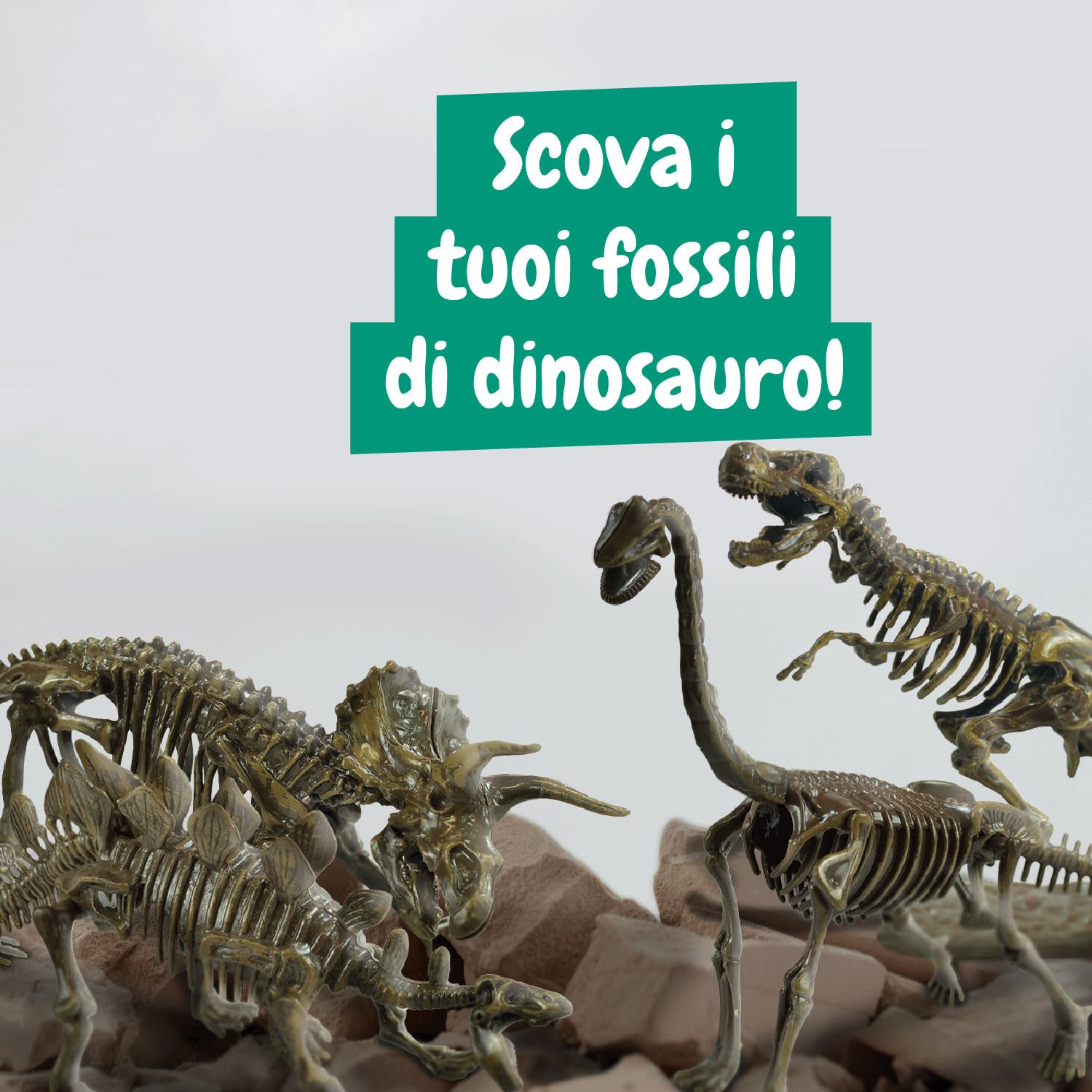 Science4you - Kit Dinosauri 4 in 1 - Fossili da Scavare e Assemblare di 4 Dinosauri: T Rex, Stegosauro, Triceratopo e Velociraptor - Scheletro Dinosauro da Construire, Giocattoli per Bambini +6 Anni