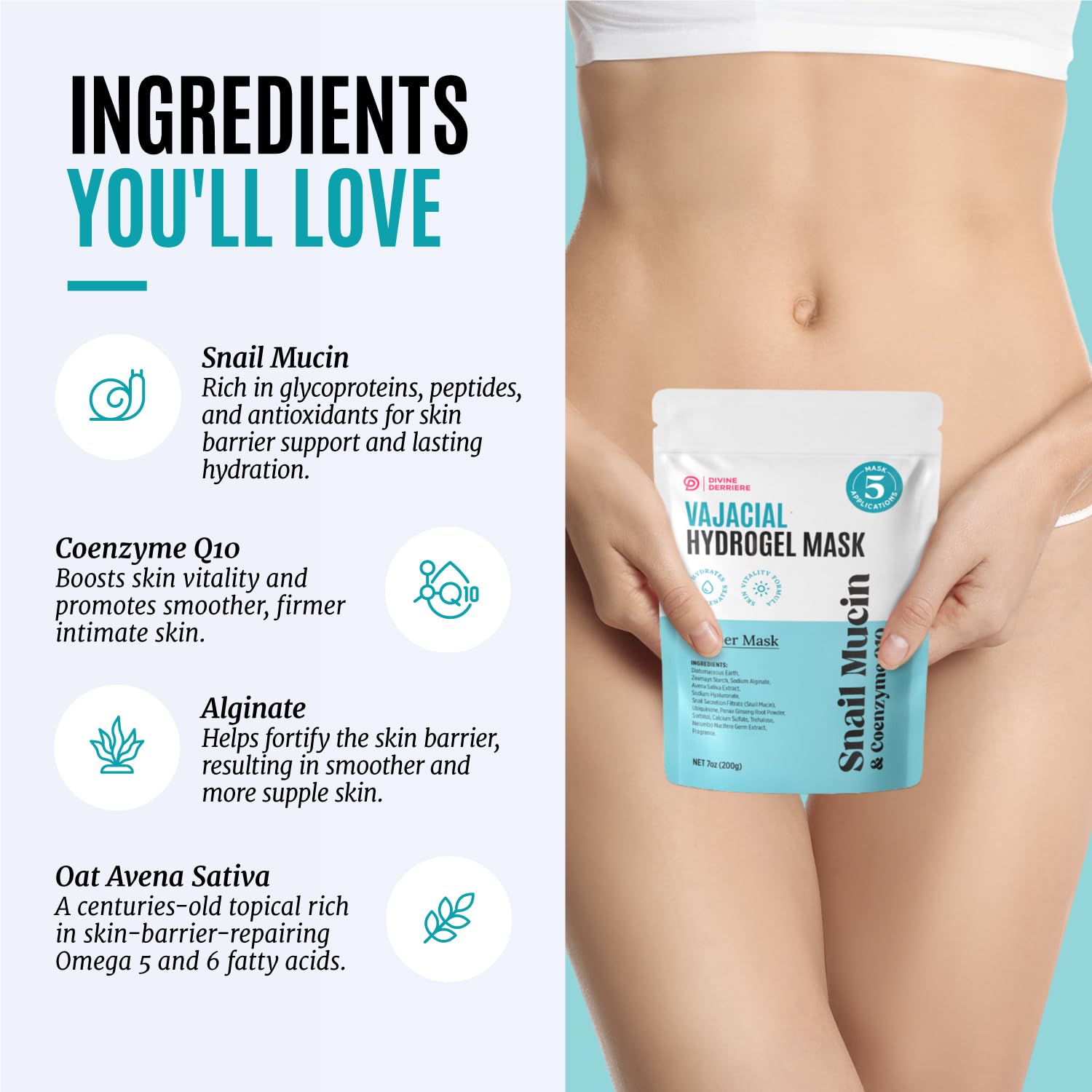 Divine Derriere Vajacial Hydrogel Mask - Snail Mucin Serum & CoQ10 - Post Wax/Shave, Ingrown Hair, Razor Bumps - Hydrating Facial & Vajacial Peel-Off Hydro Jelly Powder Mask (Full Kit)