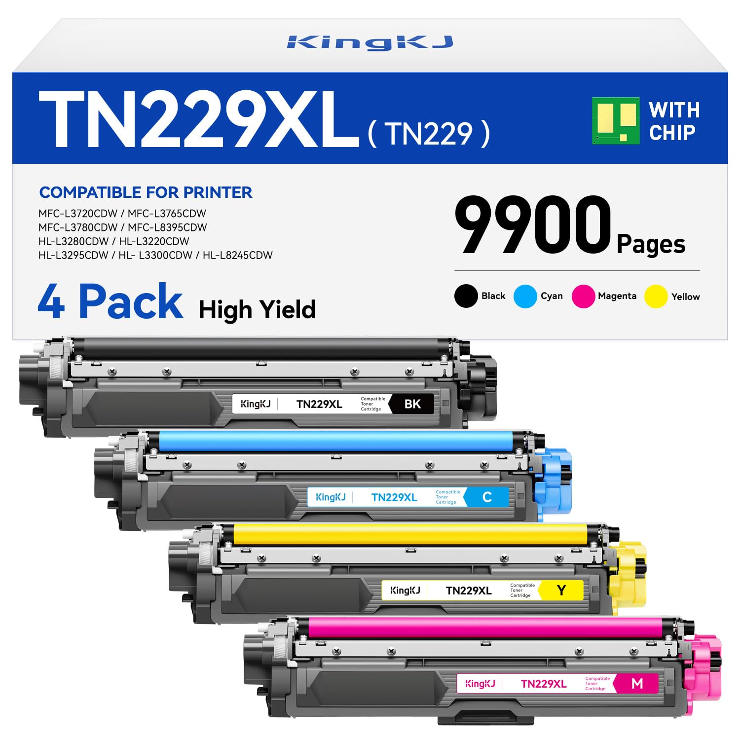 TN229XL Toner Cartridges 4 Pack High Yield with Chip Compatible for Brother MFC-L3780CDW HL-L3280CDW HL-L3220CDW MFC-L3720CDW HL-L3295CDW HL-L3300CDW HL-L8245CDW MFC-L3765CDW L8395CDW Printer TN229 XL