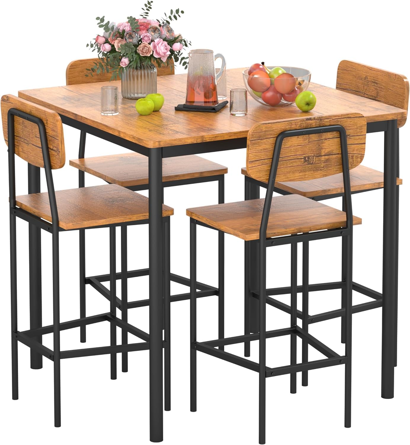 TJYGO Kitchen Table and Chairs of 4, 5 Piece Dining Table Set, Sturdy Industrial Space Saving Dinette Set for Pub, Family Dinners, Apartment, Teak