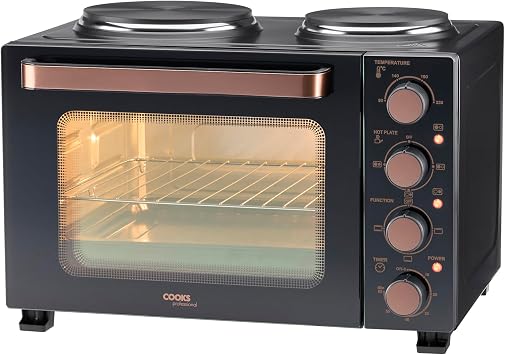 Cooks Professional Mini Portable Oven with Hobs | Energy Efficient Electric Countertop Cooker with Two Hot Plate Hobs & Wire Rack Baking Tray | Kitchen Grill Ovens | 28L Capacity | Black & Copper [Energy Class A]