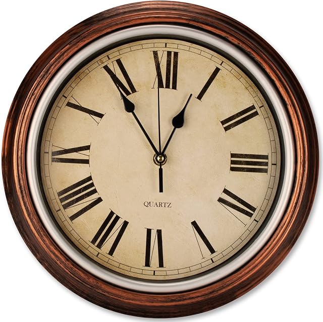 Virklyee Zegar ścienny w stylu vintage, kwarcowy, bezgłośny, 30 cm, retro, bezgłośny, nietykający, zasilany bateriami, do salonu, pokoju, biura, 30 cm, rzymskie cyfry (złoty brąz)