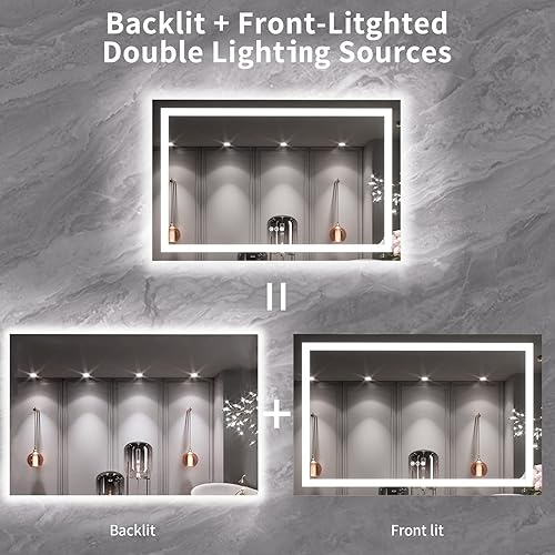 Miniatura 5 de Loaao Espejo de baño LED de 55 x 36 pulgadas, antiniebla, regulable, retroiluminado, luz frontal, de tocador, para pared, función de memoria, vidrio