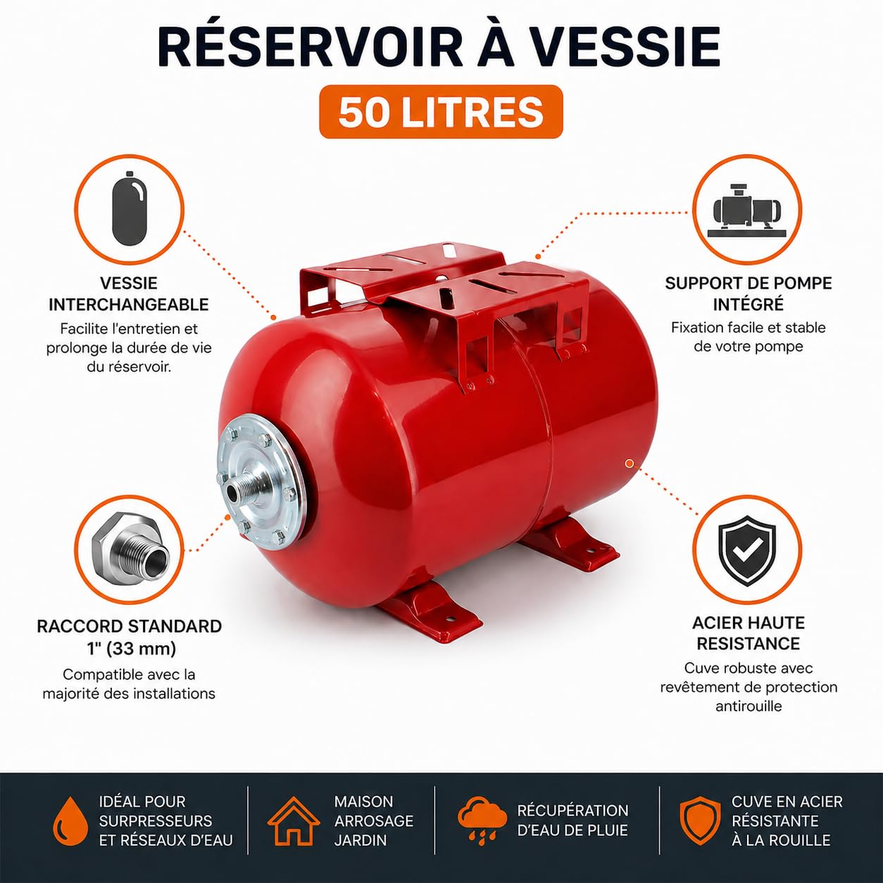 Réservoir Pression à vessie Horizontal - 50 litres