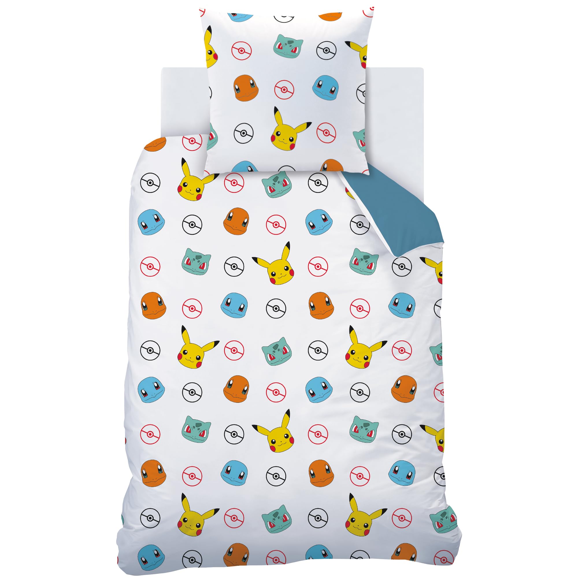 Pokémon Power Parure de lit imprimée 100% Coton - Licence Officielle | Housse de Couette 140x200 cm + 1 taie 63x63 cm | Fermeture boutons | Chambre enfant, lit 1 place | Certification Oeko-Tex