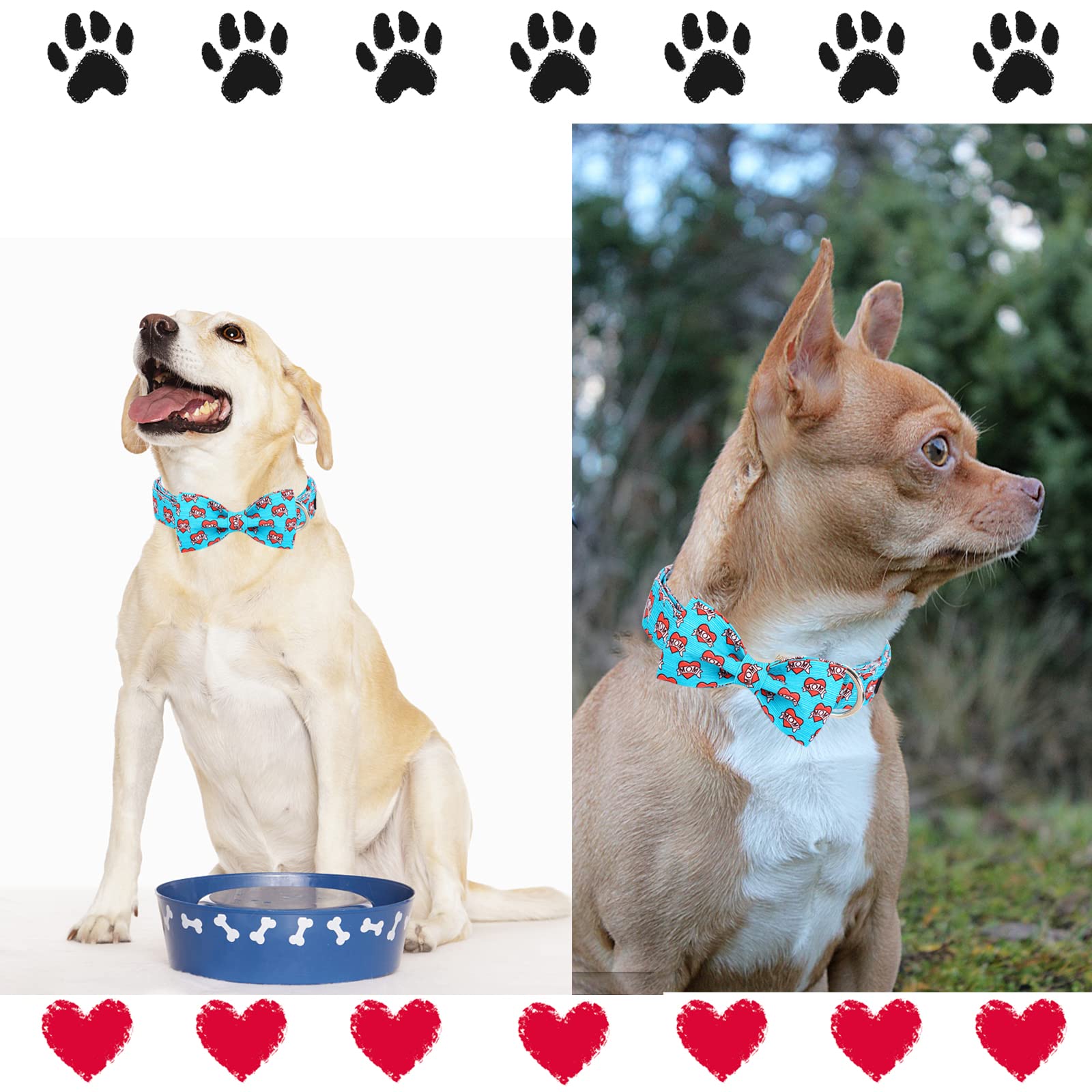 Unique style paws Dog Collar with Bow Tie Blue Heart Puppy Collar Comfy Soft Bowtie Dog Collar Best Gift for Small Medium Large Dogs-XS - Image 4