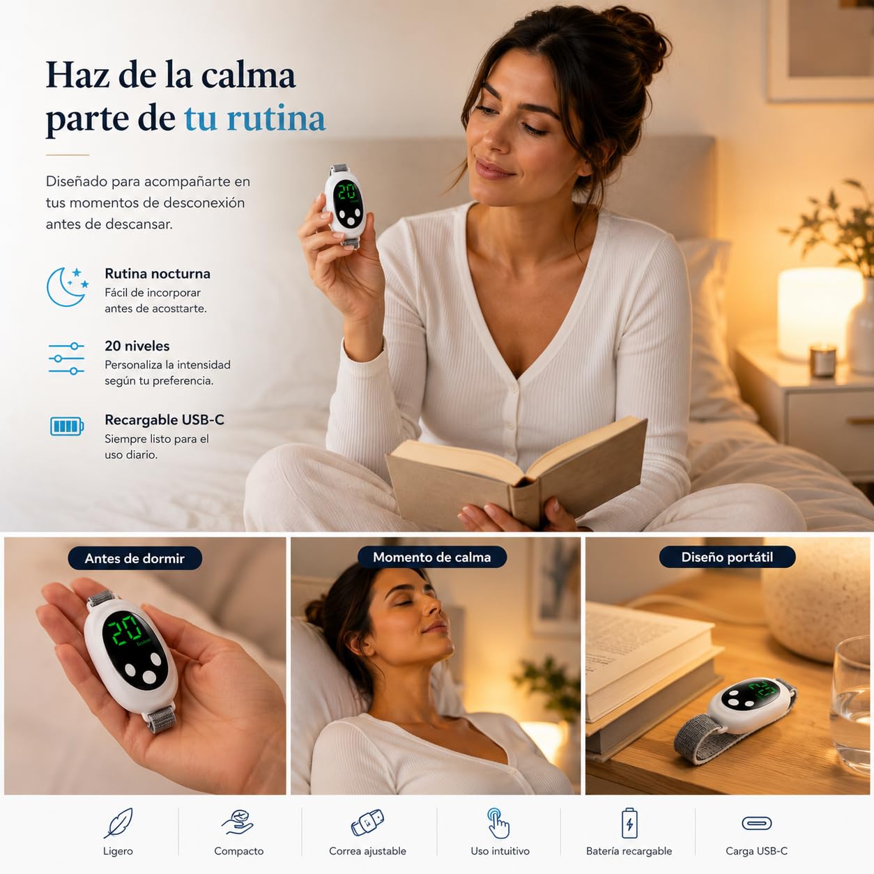 Dispositivo para Dormir y Relajarse, Masajeador de Mano EMS Antiestrés | 20 niveles de intensidad, modos Sleep y Excited, correa ajustable, autoapagado y formato portátil