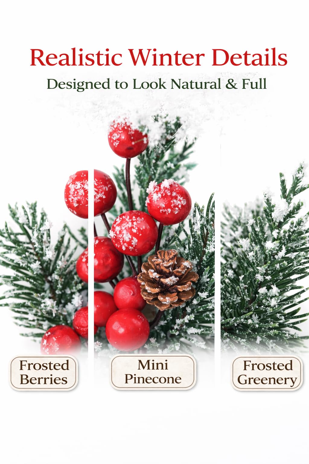 BANBERRY DESIGNS Juego de 9 púas de piñas y bayas nevadas, con forma de piñas y bayas rojas y piñas, para decoración navideña, tallos flexibles, bricolaje para manualidades navideñas y decoración