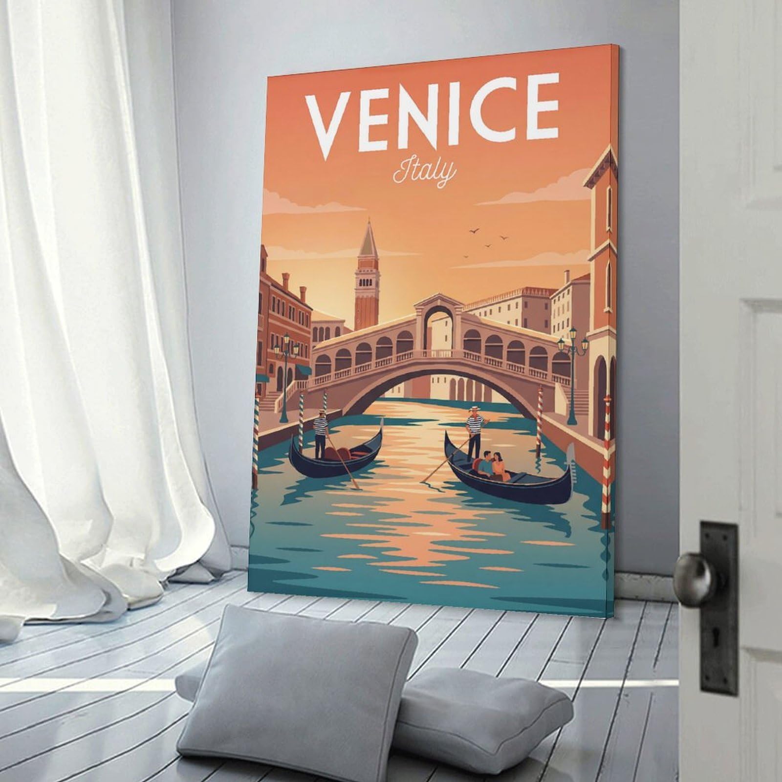 Junmoney Venice Canal with Gondolas And Bridge Home Decor Wall Art 24x36inch(60x90cm), for Office, Study Or Home Workspace, Home Office Artwork with Decorative Appeal
