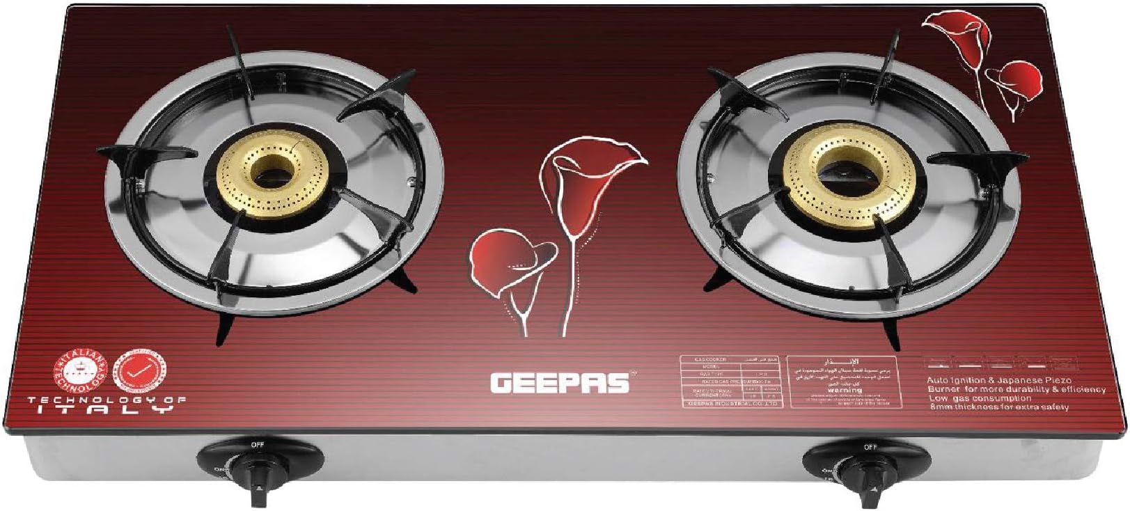 Gas Cooker, 2 Burner Glass Top Gas Stove, GK5602 | Stainless Steel Frame & Tray | Auto Piezo Ignition | LPG with 2800pa | Iron Mixing Tube