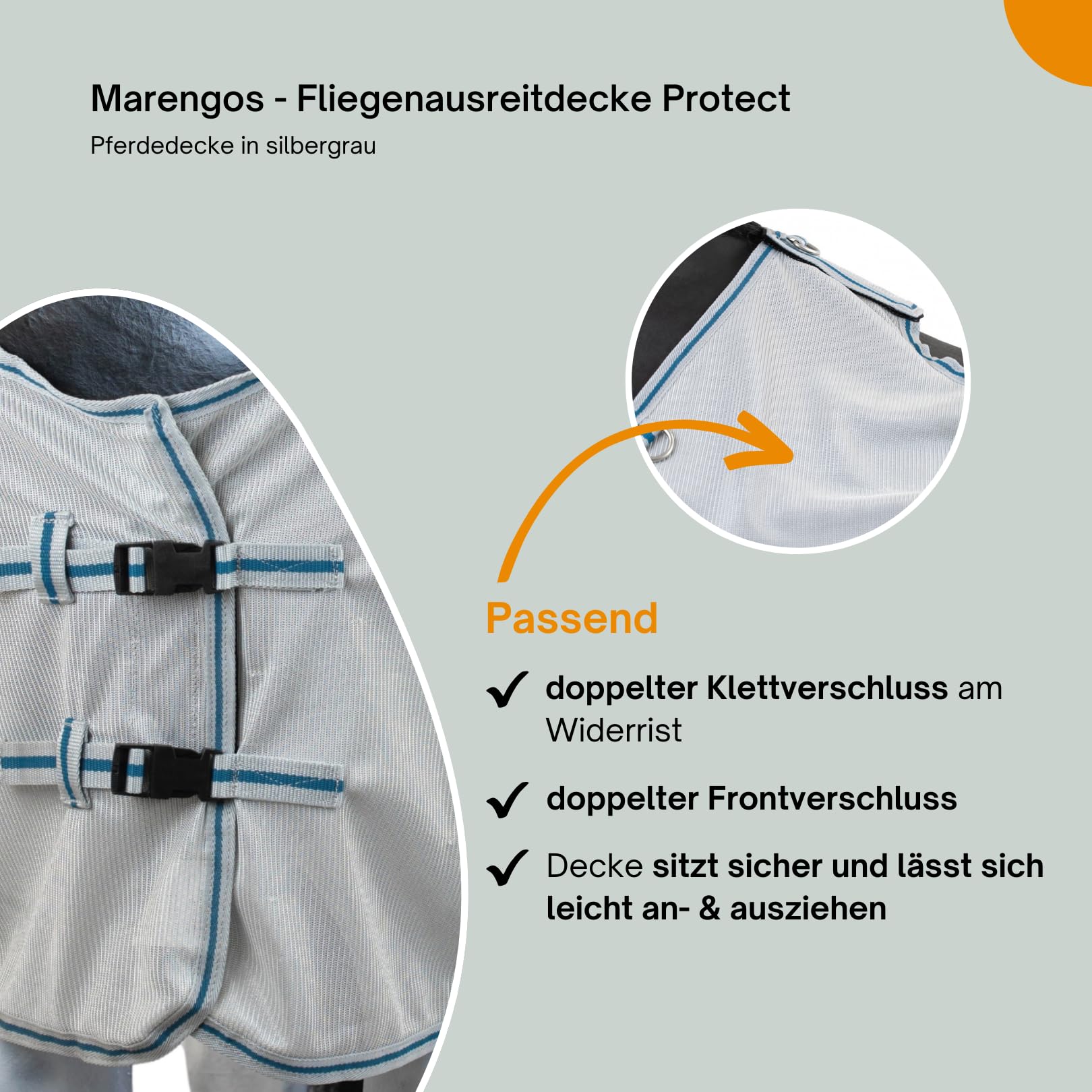 Marengos - Fliegenausreitdecke Protect | Pferdedecke mit Sattelausschnitt | feinmaschige Fliegendecke schützt vor Insekten | mit abnehmbarem Schweiflatz | Outdoor-Pferdedecke in Silbergrau | 145 cm