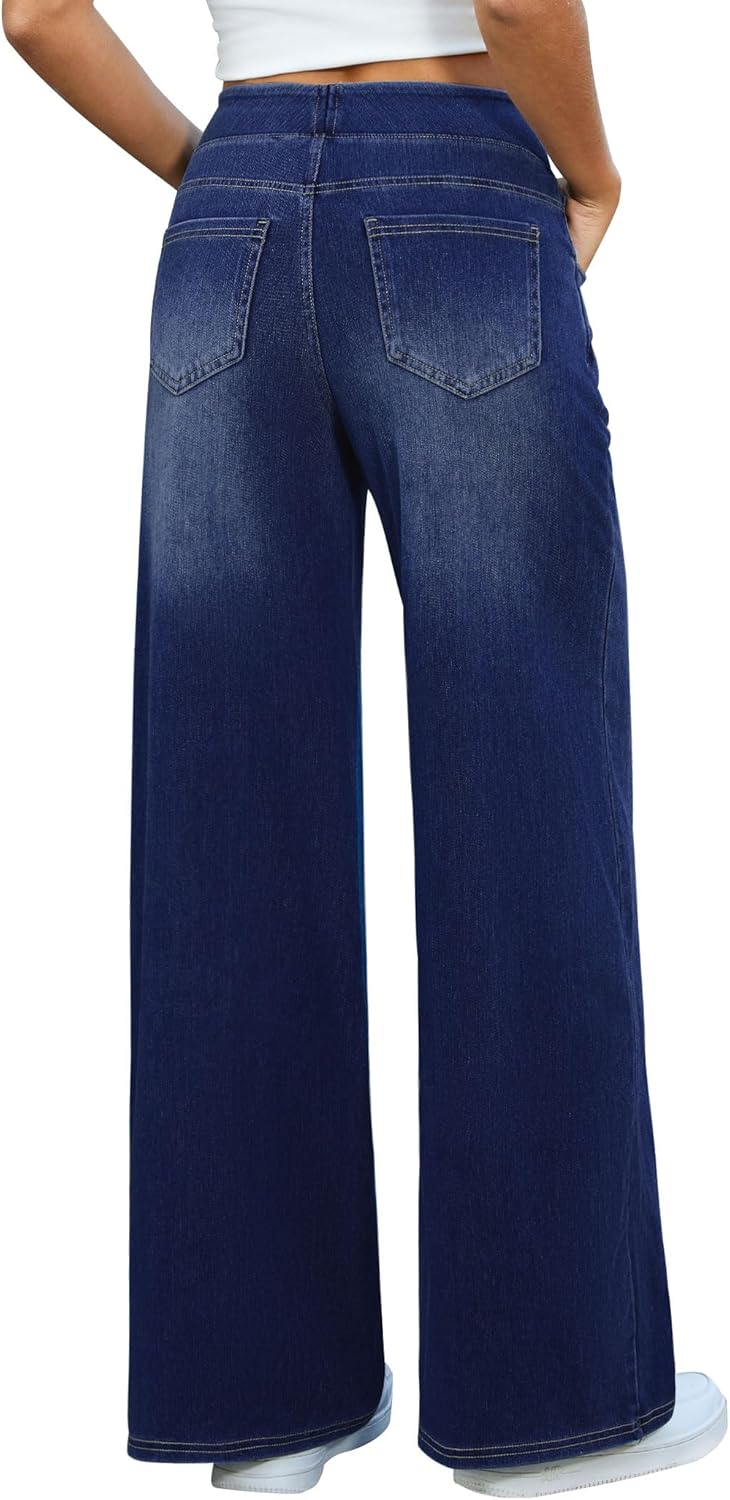 Women's Wide Leg Jeans High Waisted Stretchy Denim Pants Elastic Waist Pull On Sweatpant Jeans Trendy Baggy Loose - Image 2