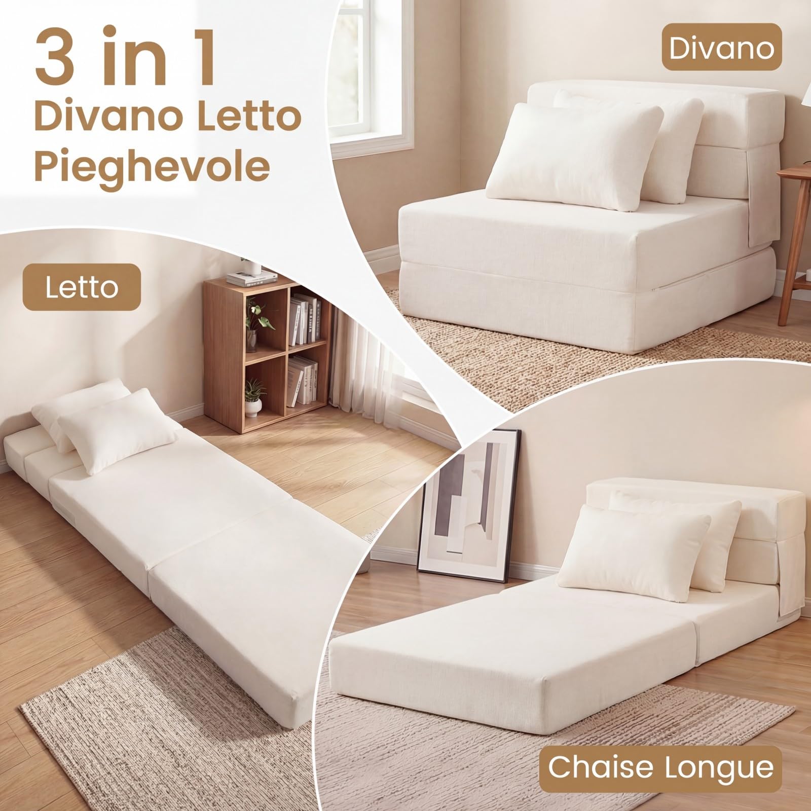 COSTWAY 3 in 1 Divano Letto Pieghevole, Poltrona Letto Convertibile con 2 Cuscini, Divano a 2 Posti in Tessuto Chenille, per Soggiorno Camera da Letto Ufficio (Beige,S)