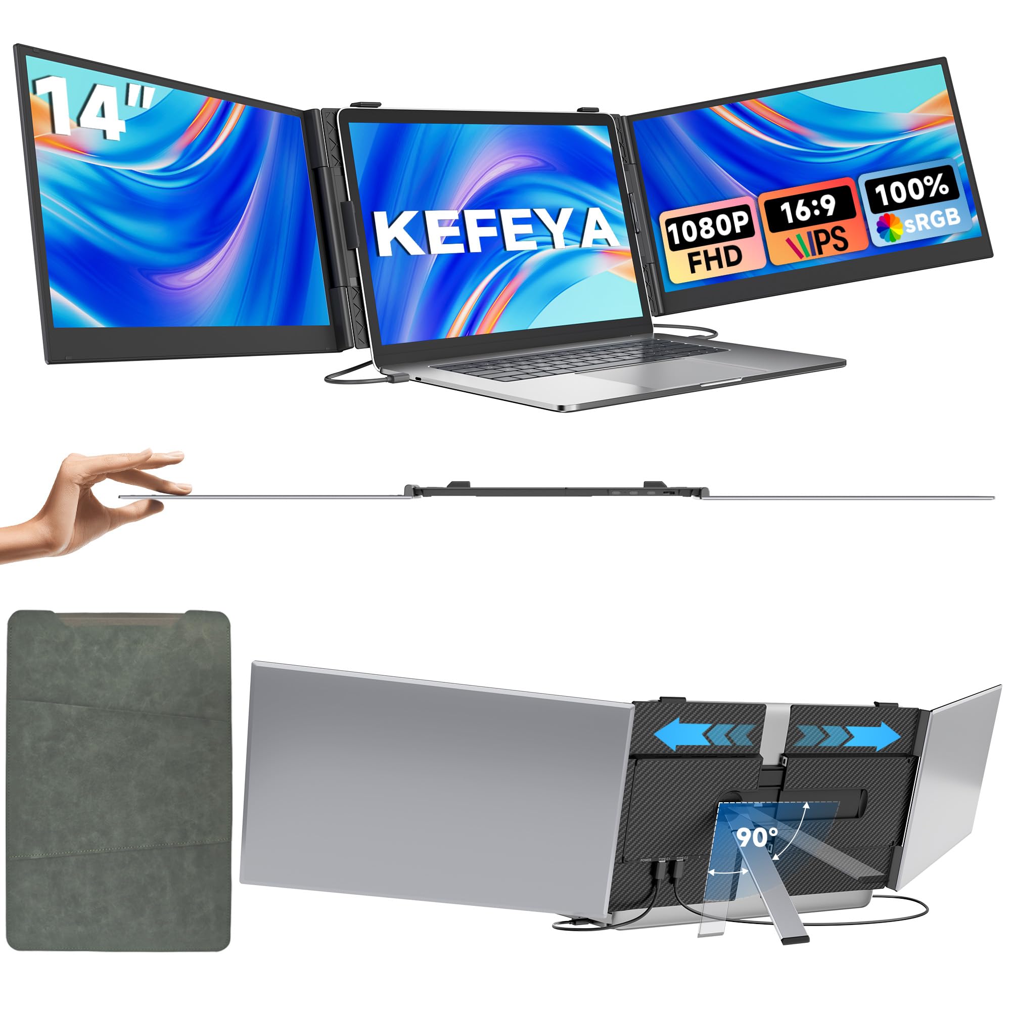 KEFEYA 14” Laptop Bildschirm Erweiterung, 100% sRGB FHD 1080P Laptop Screen Extender, Laptop Monitor Erweiterung für Laptop 13-17,3" mit USB-C/HDMI, Plug & Play für Windows/Mac/Android/Switch/PS5 - 2