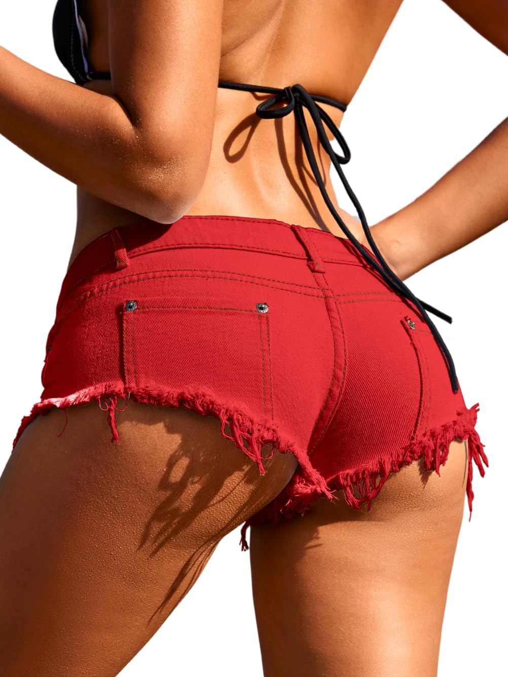 Women Sexy Cowgirl Booty Jean Shorts, Low Rise Pockets Cheeky Mini Ripped Jeans, Micro Denim Hot Pants Rave Outfits Burgundy X-Small