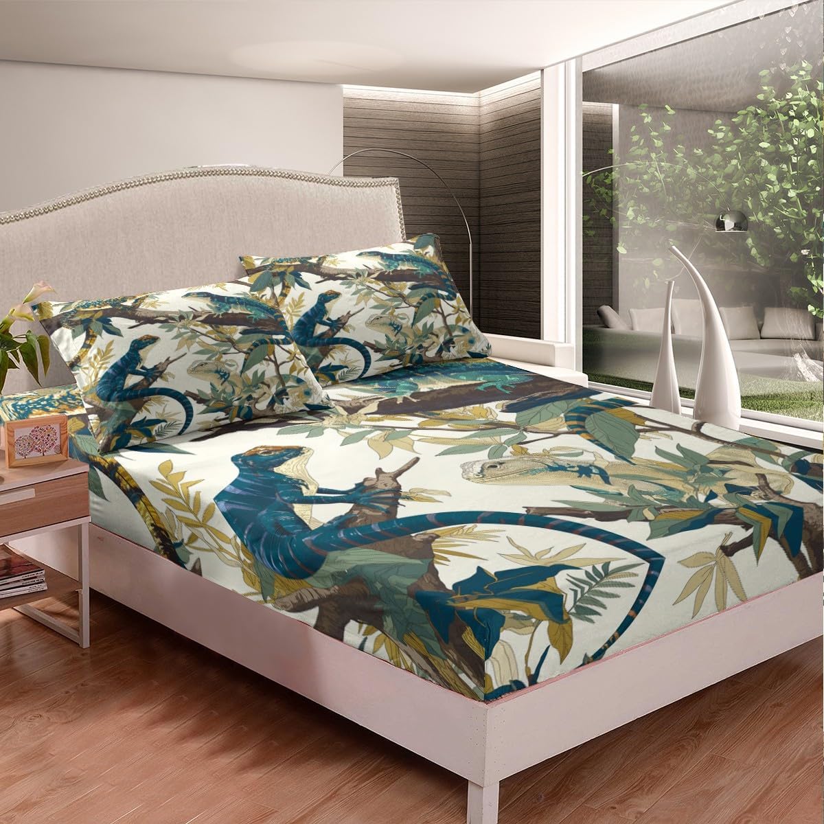 Lizard Kids Fitted Sheet Full Size,Tree Branches Botanical Leaves Bedding Set,Boys Girls Room Decor,Wildlife Reptile Animals Rustic Bed Cover,Blue Green Retro Bed Sheet,2 Pillowcases