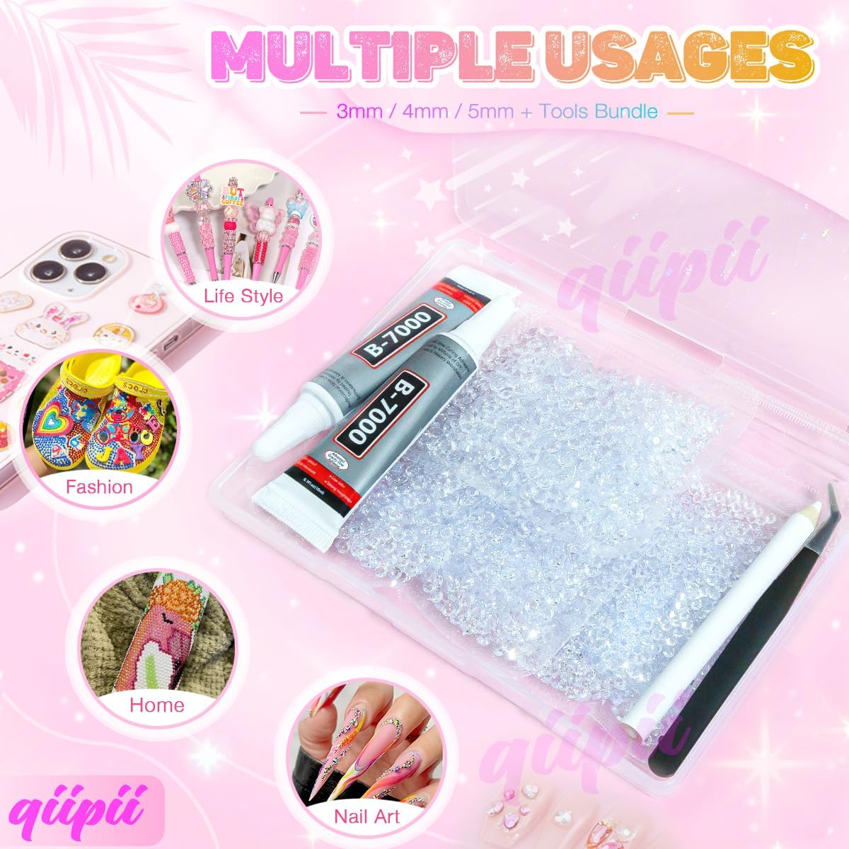 qiipii Transparent Resin Rhinestones w B7000 Jewelry Glue for Bedazzling Crafting 3mm 4mm 5mm Clear Flatback Jelly Stones Bulk SS10 SS16 SS20 Diamonds Gem for Nails Face Makeup Tumblers Bottles Crafts