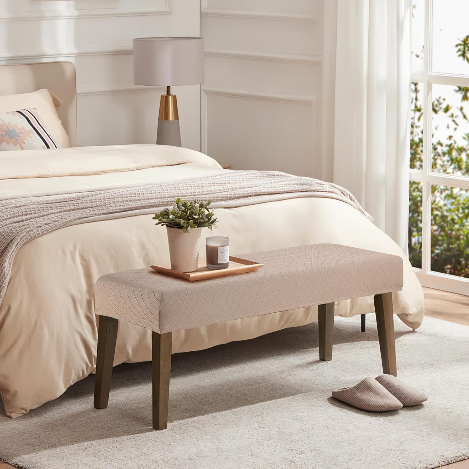 Fuloon Stretch Jacquard Dining Bench Cover - Anti-Dust Removable Bench Slipcover Washable Seat Cushion Protector for Bedroom, Kitchen, Hotel, Banquet (Khaki)