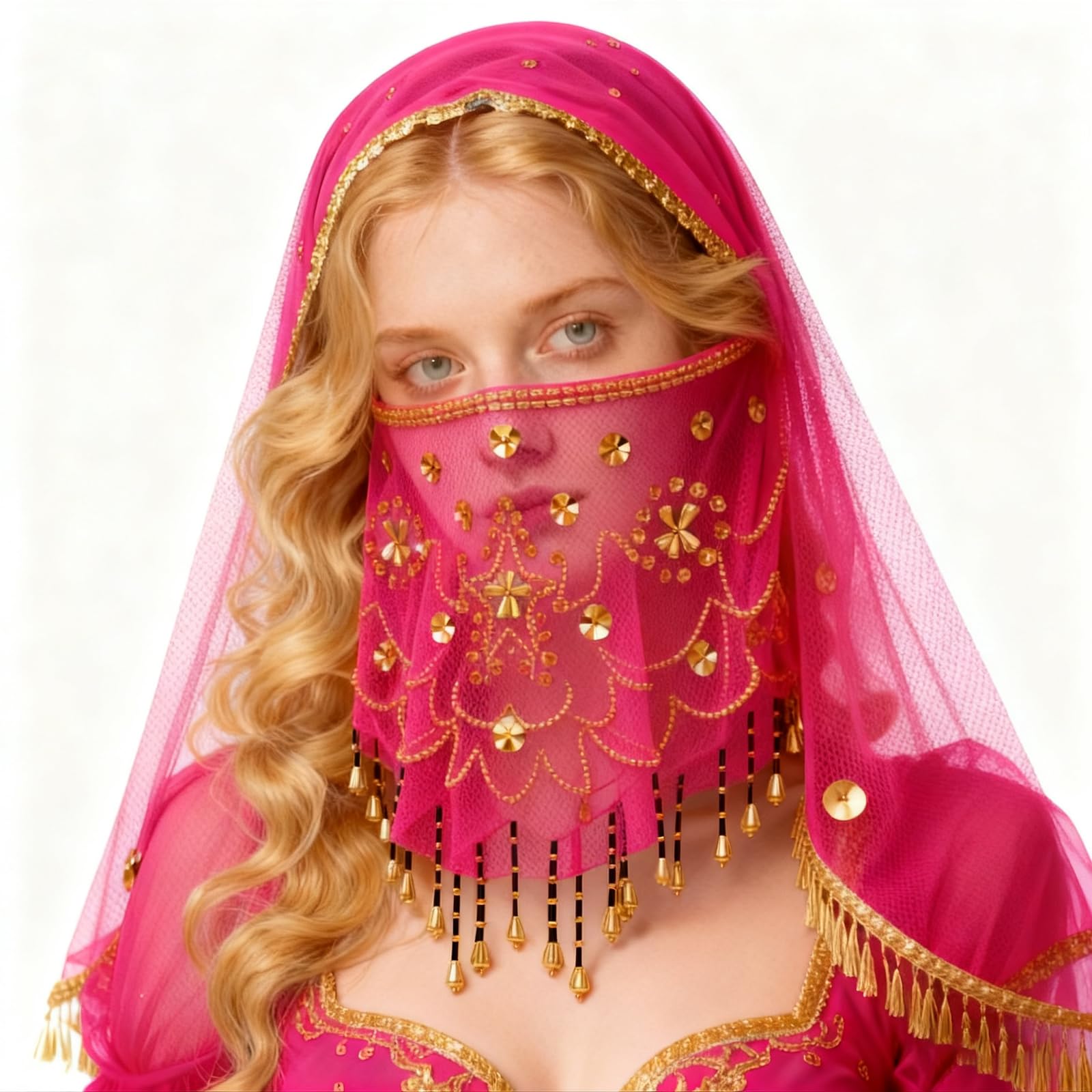 Baisdan Belly Dance Face Veil with Beads Sequins Cosplay Halloween Carnival Costume Accessory, Rose - Image 5