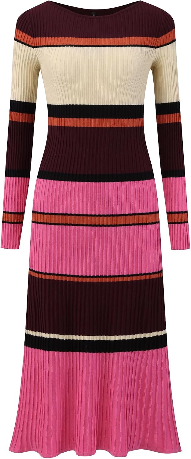 Hobemty Women's Striped Sweater Dress Long Sleeve Casual Work Ribbed Knit Bodycon Dresses