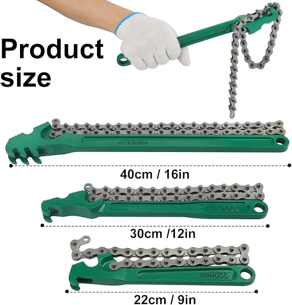 3 PCS Chain Wrench Set, Green Adjustable Chain Oil Filter Wrench (9, 12, 16), Heavy Duty Carbon Steel Pipe Wrench for Automotive Repair & Plumbing