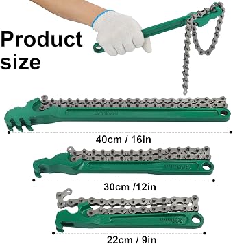 3 PCS Chain Wrench Set, Green Adjustable Chain Oil Filter Wrench (9, 12, 16), Heavy Duty Carbon Steel Pipe Wrench for Automotive Repair & Plumbing