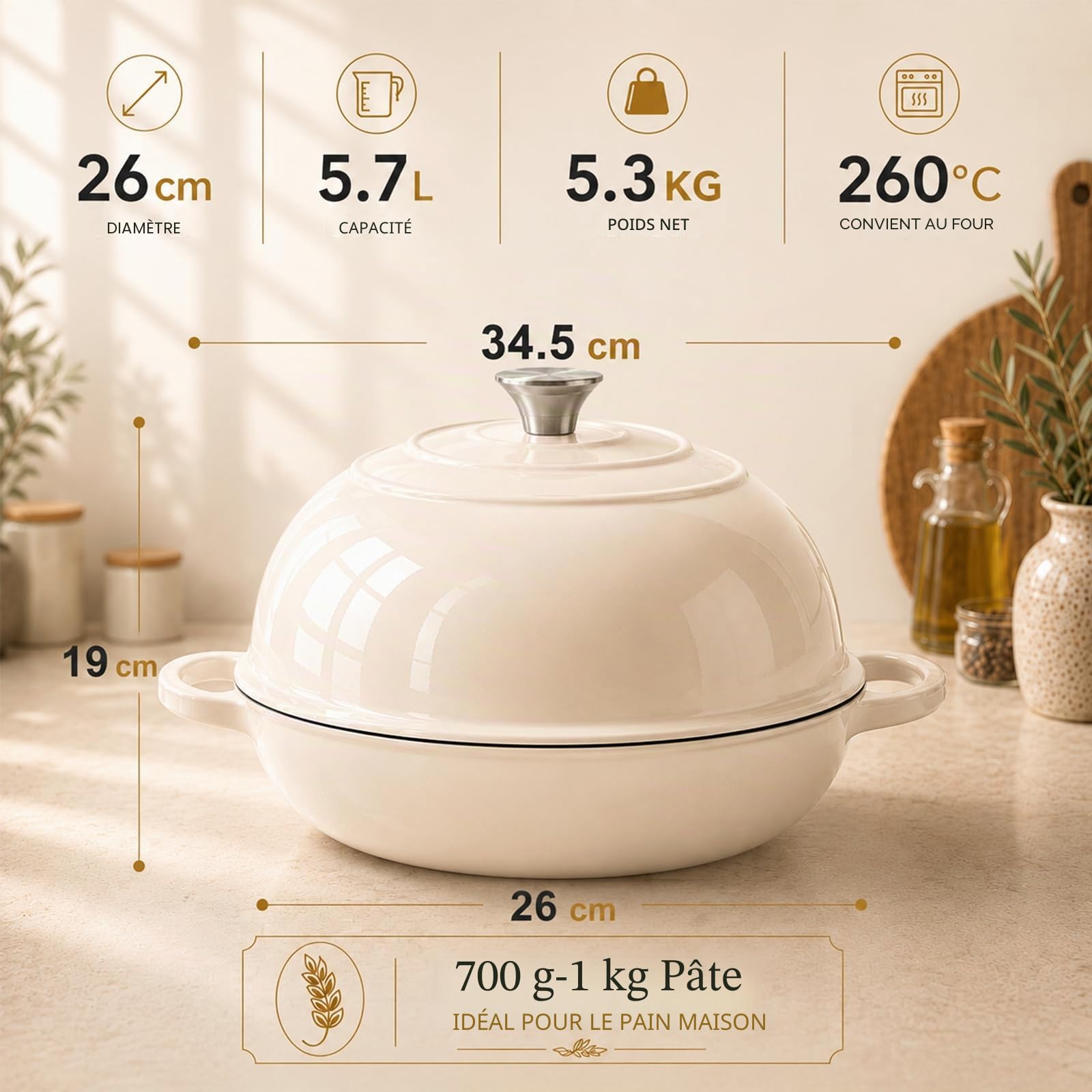 AHJ Cocotte en Fonte Émaillée, 5,7L/26cm Casserole Fonte Emaillee | Dutch Oven avec Pain Banneton,Émaillée Cocotte Pain avec Couvercle,pour Cuisine,Cuisson au Four,Mijotage et Saisissage
