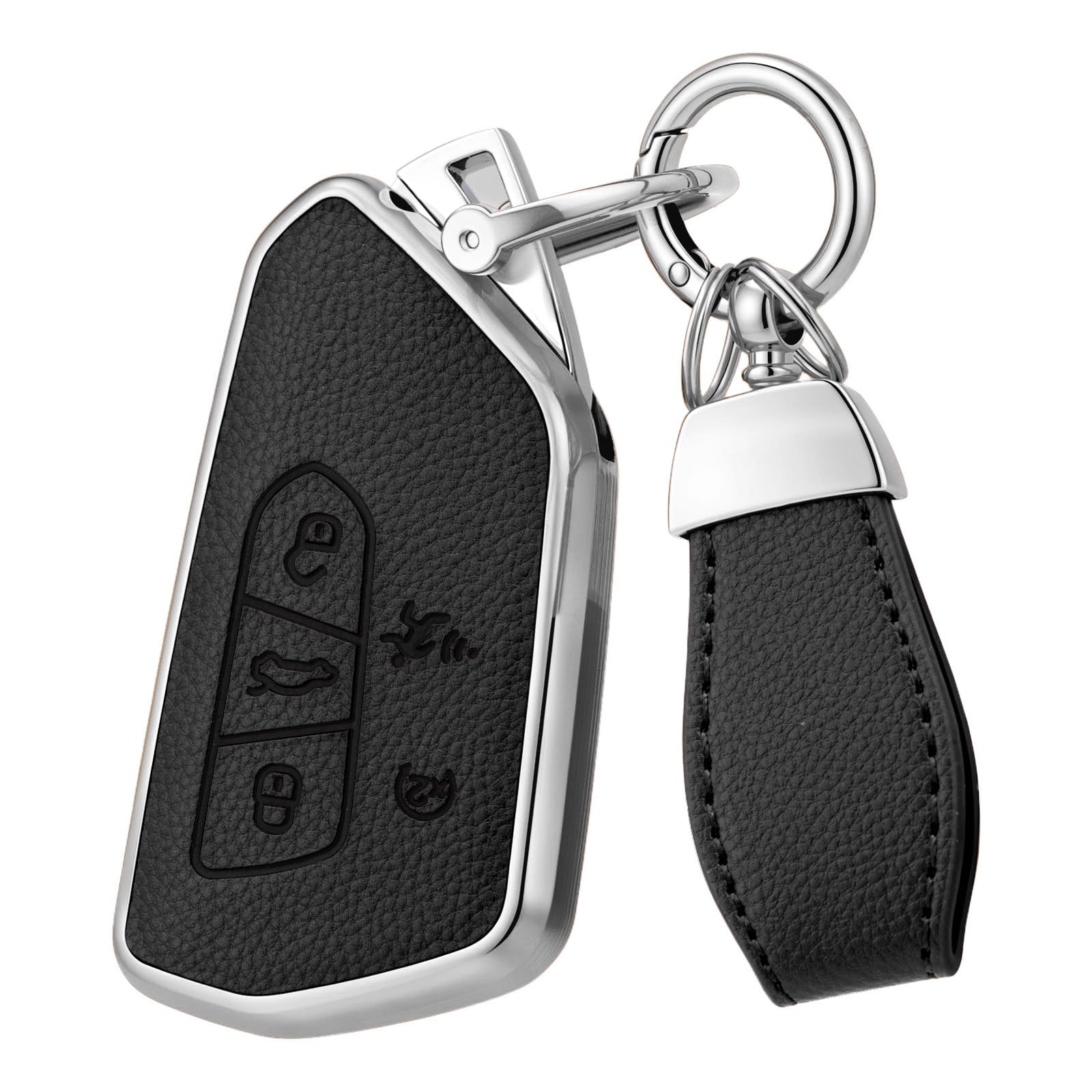 Photo 1 of WCHJUD Soft Upper Leather TPU Key Fob Cover Case for Volkswagen VW ID4 ID3 MK8 Golf GTI Skoda Octavia tiguan Atlas 2024 2025 2026 with Keychain (Silver-edged black, 5 Buttons)